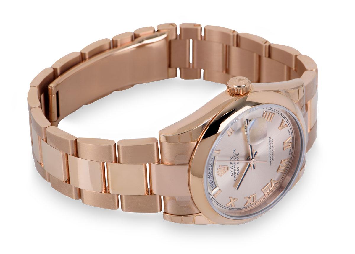 Rolex Unworn Day-Date 36 Gents 18 Karat Rose Gold Rose Dial B&P 118205 In Excellent Condition In Mayfair, London, London