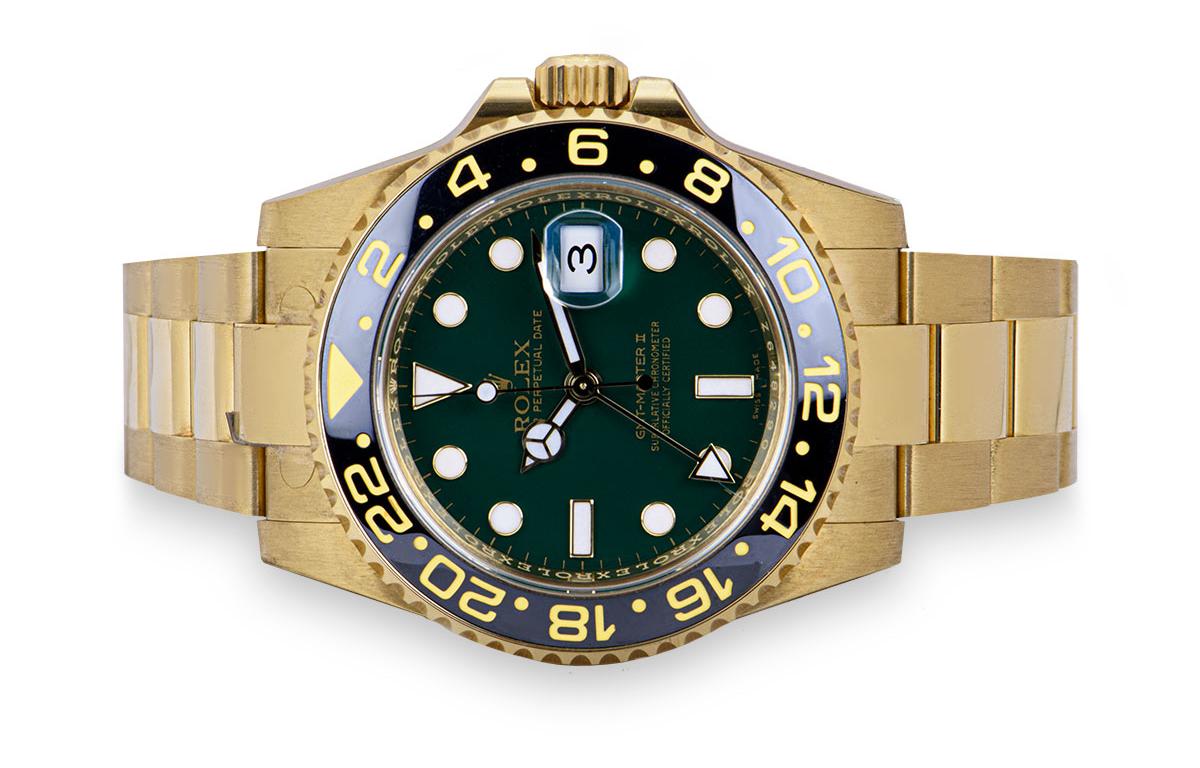 Men's Rolex Unworn GMT-Master II NOS Gents 18 Karat Gold Green Dial B&P 116718LN