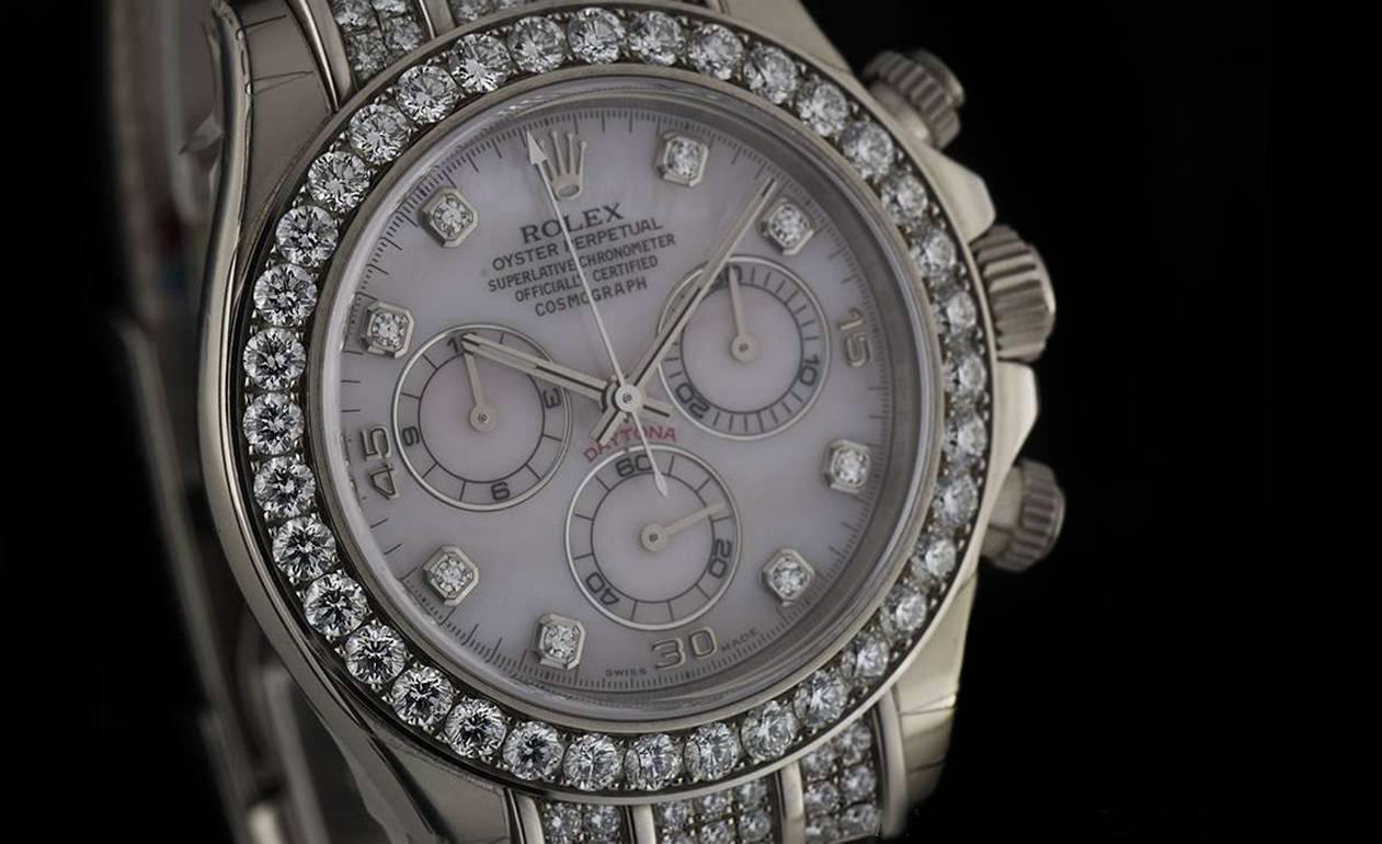 Rolex Unworn Gold Diamond Bezel Daytona Chronograph Pink Mother of Pearl Dial In New Condition In Mayfair, London, London