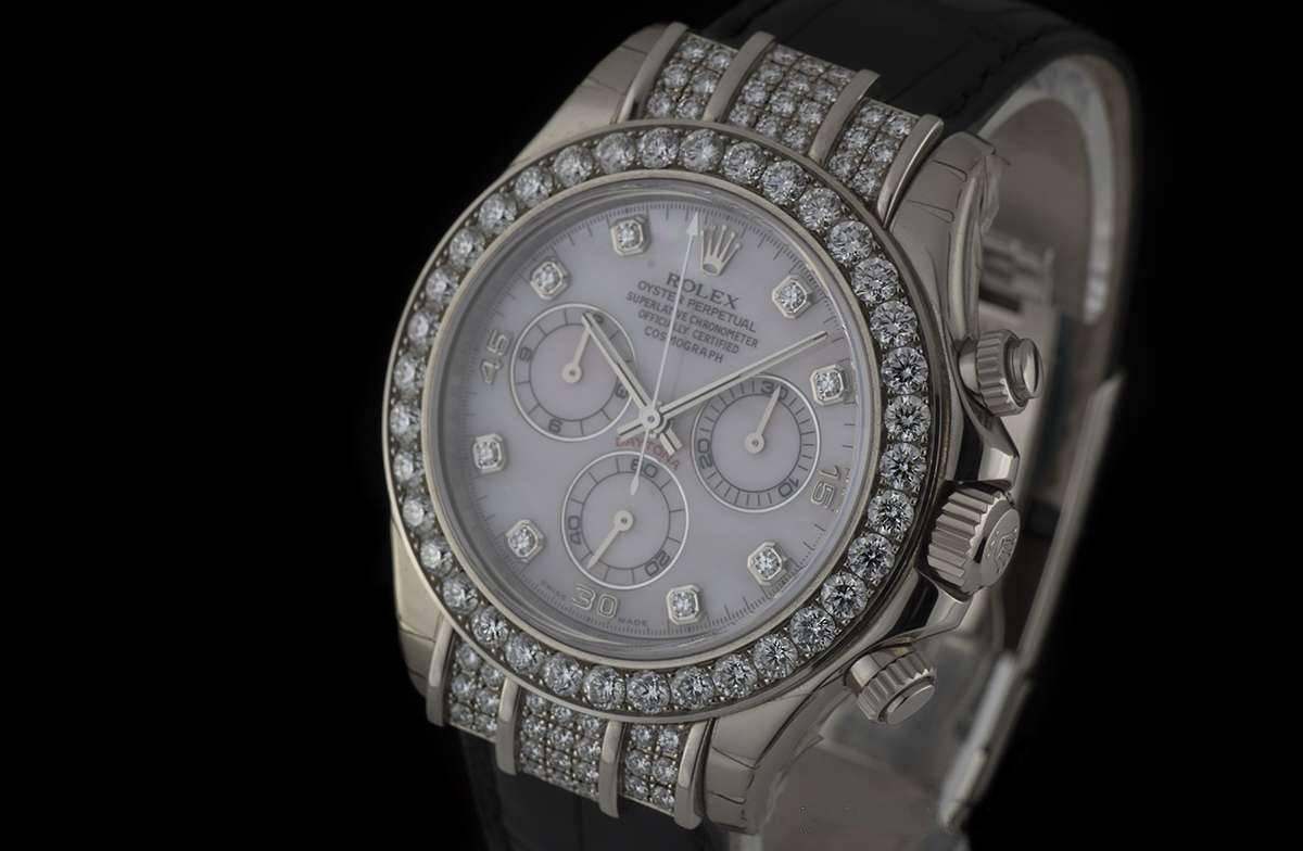 Women's or Men's Rolex Unworn Gold Diamond Bezel Daytona Chronograph Pink Mother of Pearl Dial