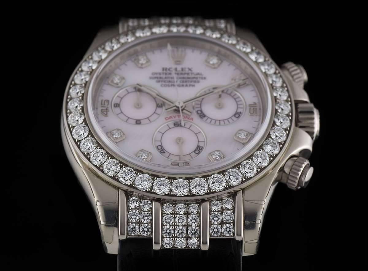Rolex Unworn Gold Diamond Bezel Daytona Chronograph Pink Mother of Pearl Dial 1