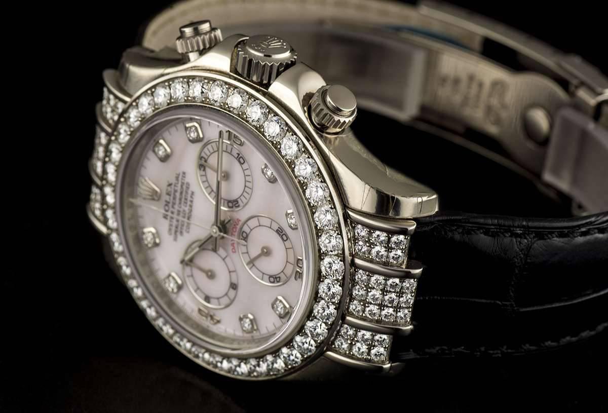 Rolex Unworn Gold Diamond Bezel Daytona Chronograph Pink Mother of Pearl Dial 2