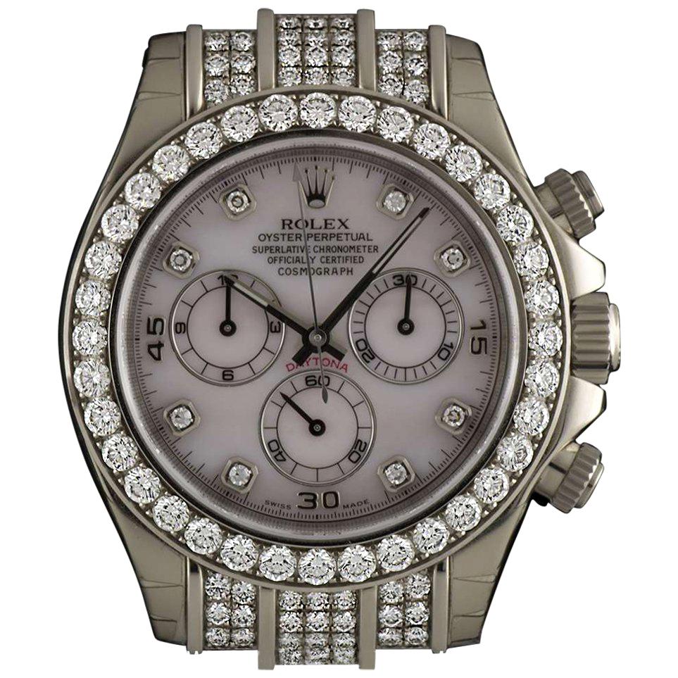 Rolex Unworn Gold Diamond Bezel Daytona Chronograph Pink Mother of Pearl Dial