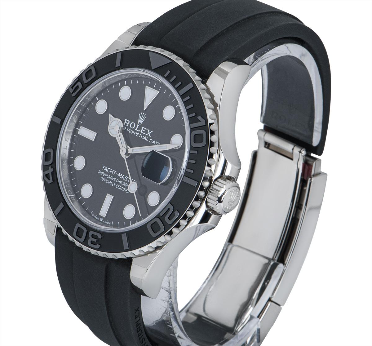 A 42 mm Unworn 18k White Gold Oyster Perpetual Yacht-Master 42 Gents Wristwatch, black dial with applied hour markers, date at 3 0'clock, an 18k white gold bi-directional rotating bezel with a matte black cerachrom bezel insert, an original black