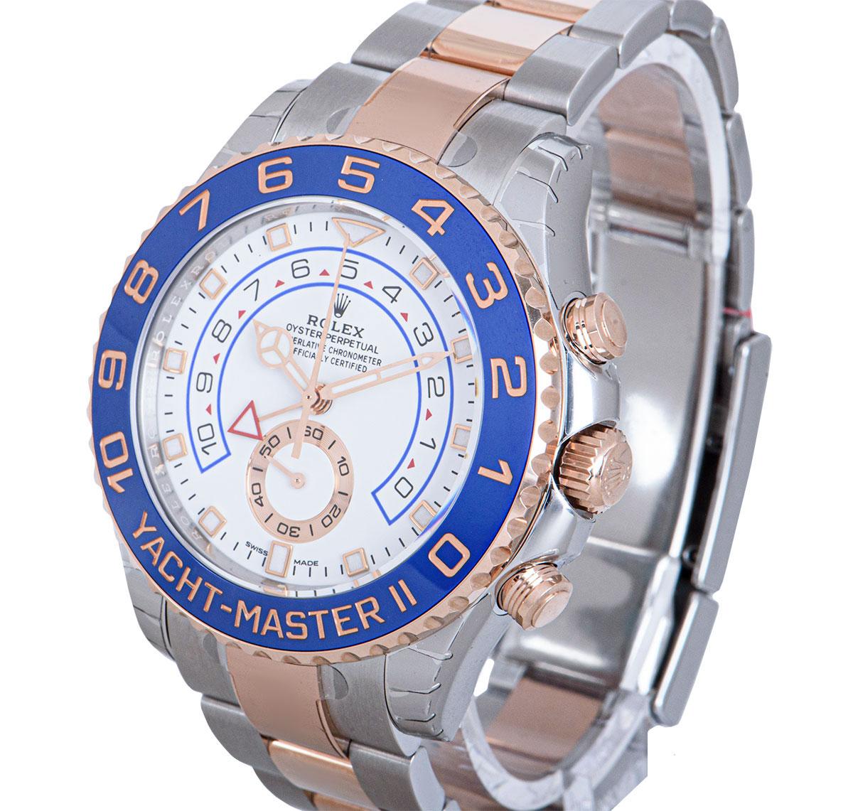 An Unworn Stainless Steel & 18k Rose Gold Oyster Perpetual Yacht-Master II Gents Wristwatch, white dial with applied hour markers, small seconds at 6 0'clock, an 18k rose gold uni-directional rotating bezel with a blue cerachrom insert and 10 minute