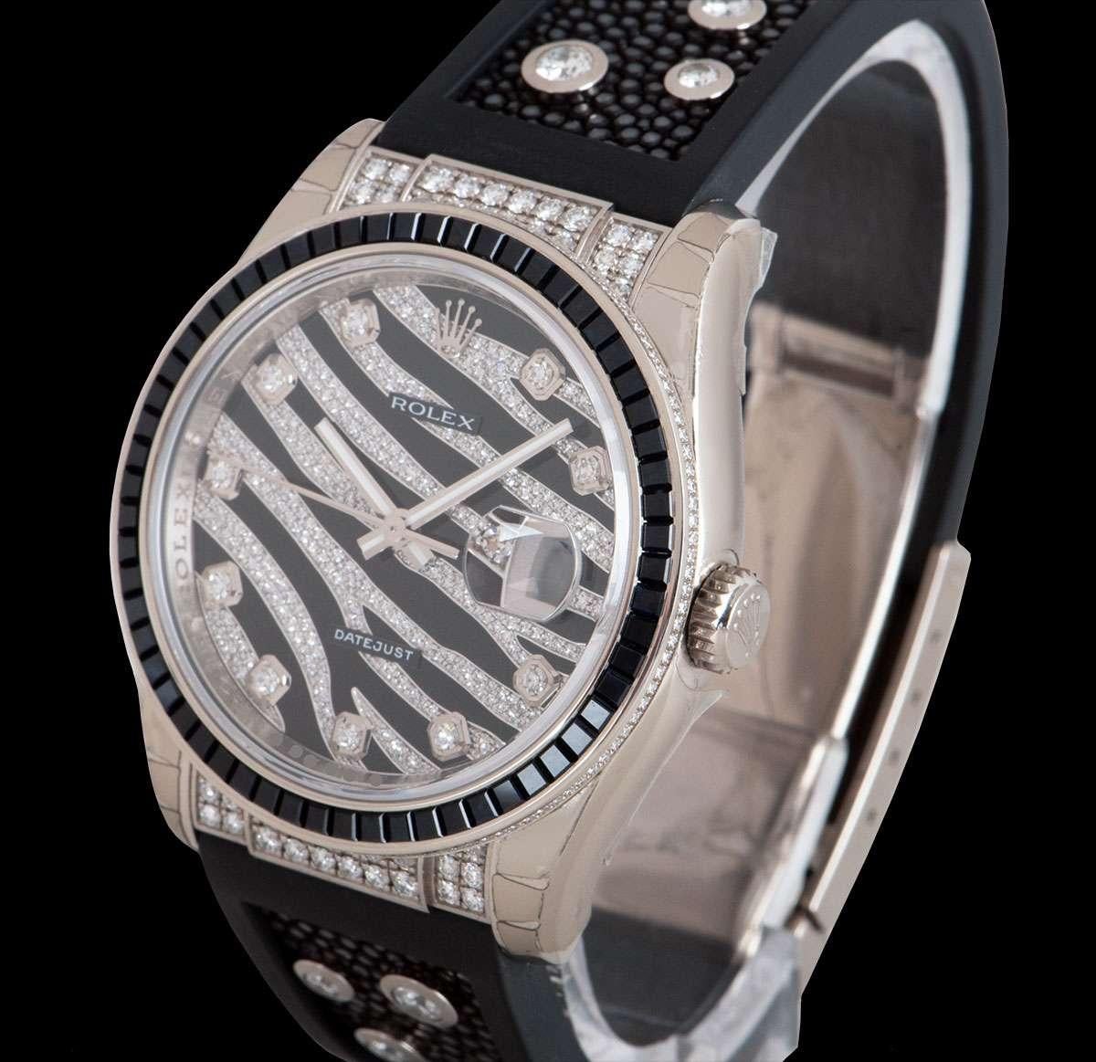 A 36 mm Unworn 18k White Gold Oyster Perpetual Datejust Gents NOS Wristwatch, black zebra striped pave diamond dial with 10 applied round brilliant diamond hour markers, date at 3 0'clock, a fixed 18k white gold bezel set with 60 square cut black