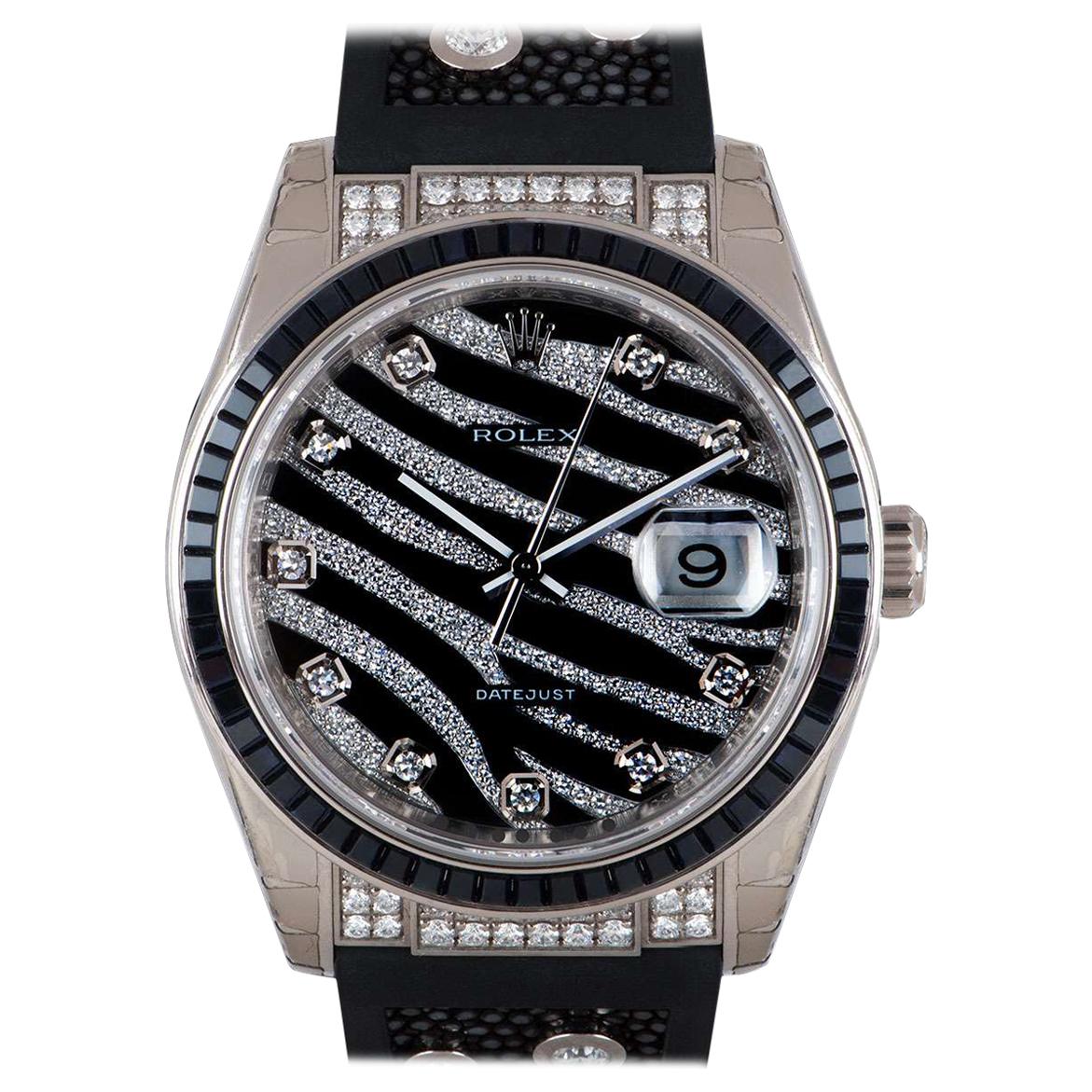 Rolex Unworn Zebra Datejust White Gold Pave Diamond Dial Black Sapphire Bezel