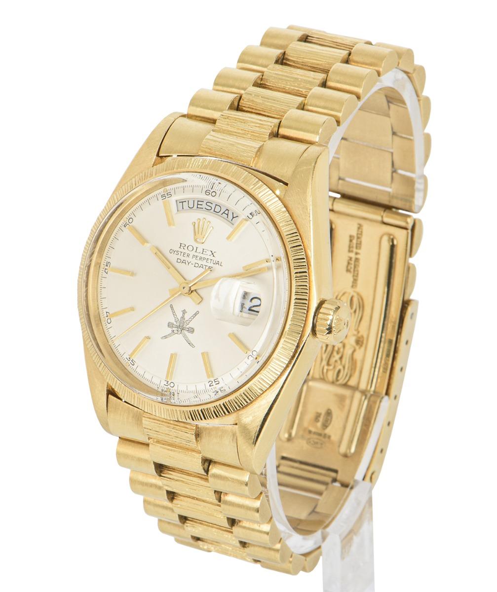 Rolex Muy Raro Day-Date Oro Amarillo 18 Kilates Plata Esfera Omaní Acabado Corteza en Excelente estado para la venta en London, GB