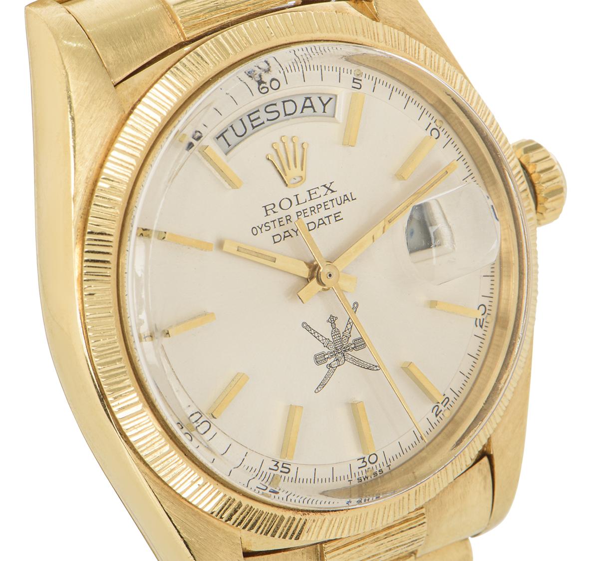 De los hombres Rolex Muy Raro Day-Date Oro Amarillo 18 Kilates Plata Esfera Omaní Acabado Corteza en venta