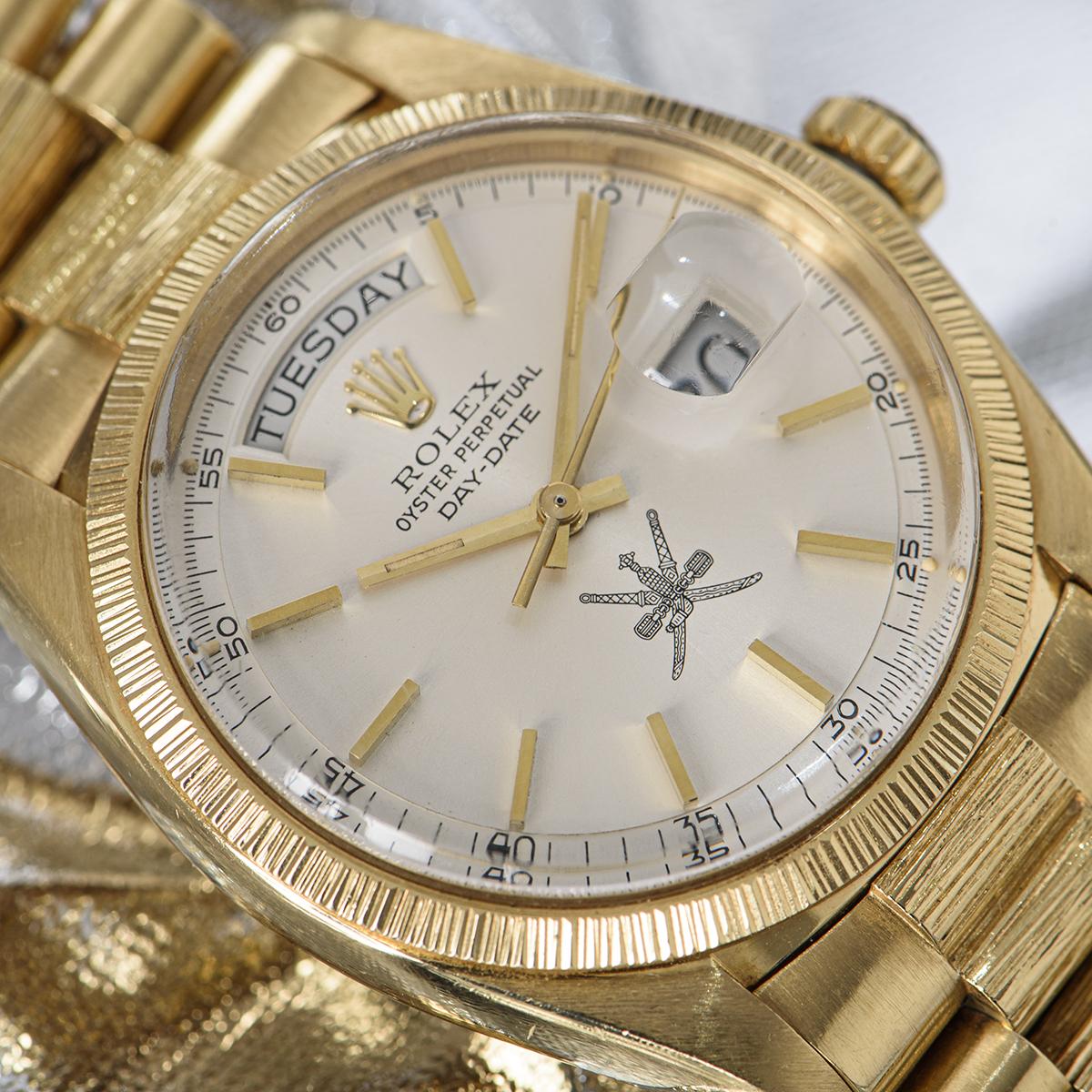 Rolex Very Rare Day-Date 18 Karat Yellow Gold Silver Omani Dial Bark Finish For Sale 2