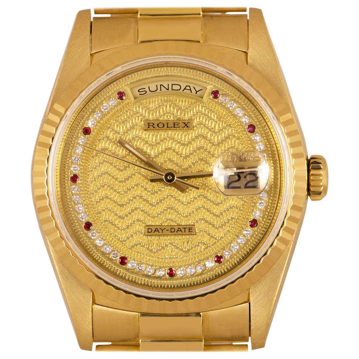 Rolex Very Rare Day-Date 18k Yellow Gold Decorated Diamond and Ruby String Dial