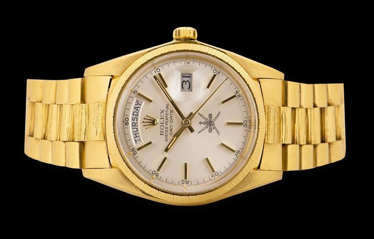 Men's Rolex Very Rare Day-Date 18 Karat Yellow Gold Silver Omani Dial Bark Finish For Sale