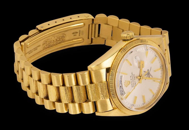 Rolex Very Rare Day-Date 18 Karat Yellow Gold Silver Omani Dial Bark Finish For Sale 1