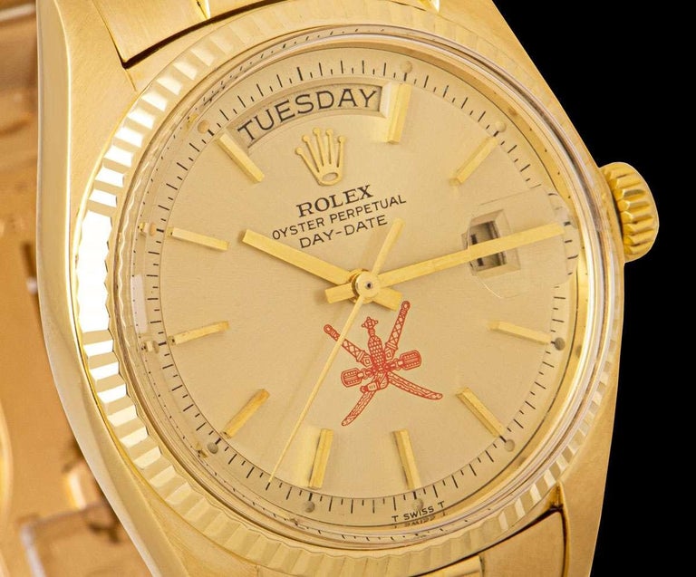 Rolex Very Rare Day-Date Vintage Gents 18k Yellow Gold Champagne Omani Dial 1803 In Excellent Condition For Sale In London, GB