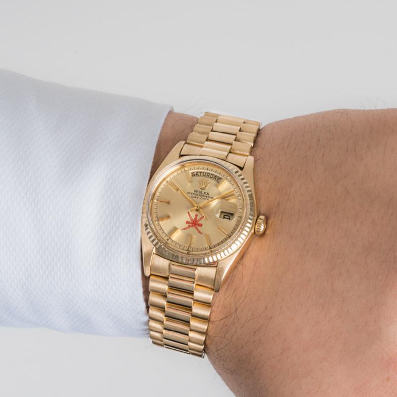 Rolex Very Rare Day-Date Vintage Gents 18k Yellow Gold Champagne Omani Dial 1803 en vente 3