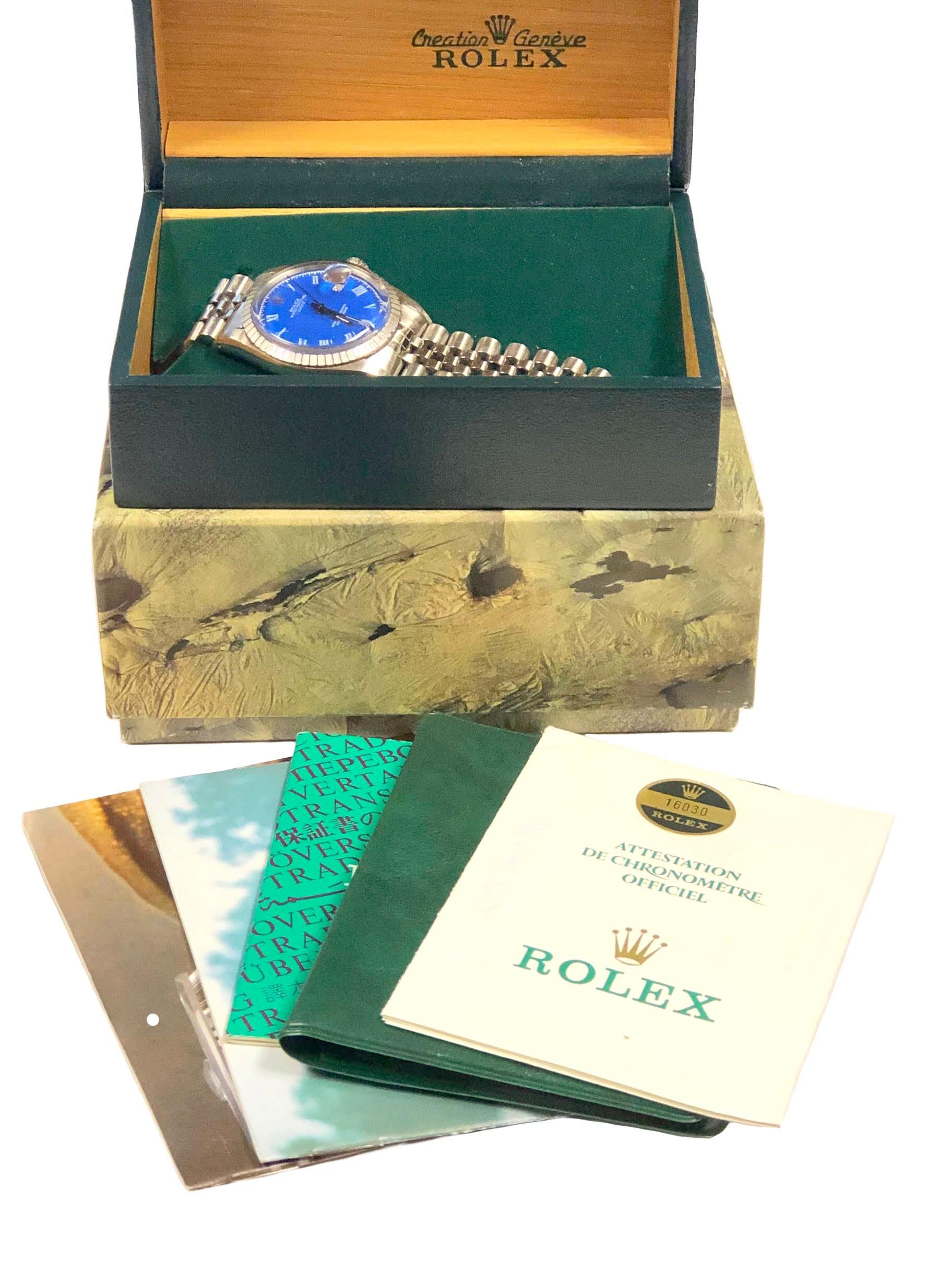 Rolex Vintage 16030 Steel Datejust Watch with Buckley Style Dial Box Papers In Excellent Condition In Chicago, IL