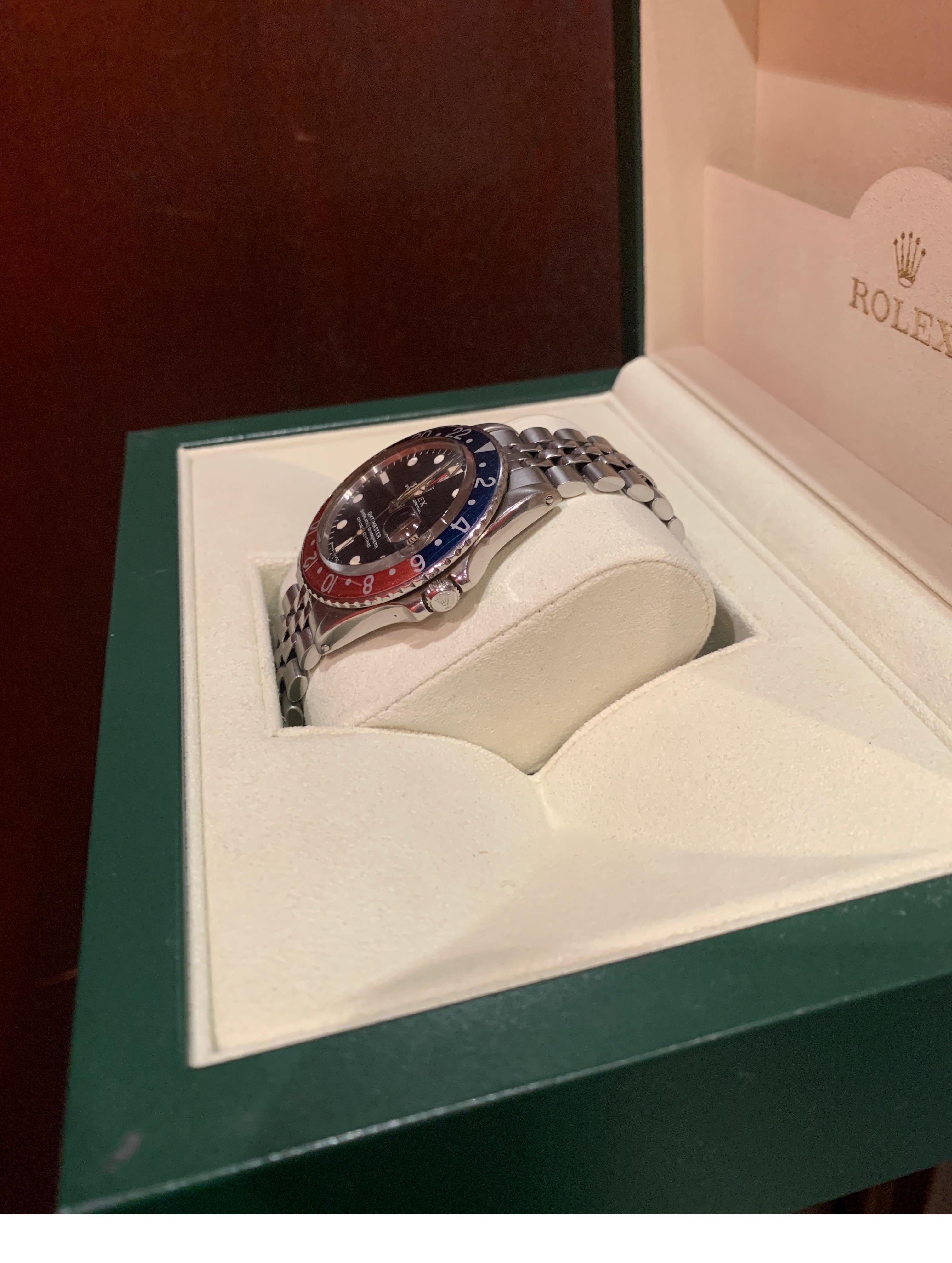 All Original Stainless Steel Vintage Rolex GMT Master Pepsi (40 mm case) with Stainless Steel  Jubilee Bracelet (full - 22 links and fliplock clasp), circa 1970
Ref. 1675
Serial #2559752