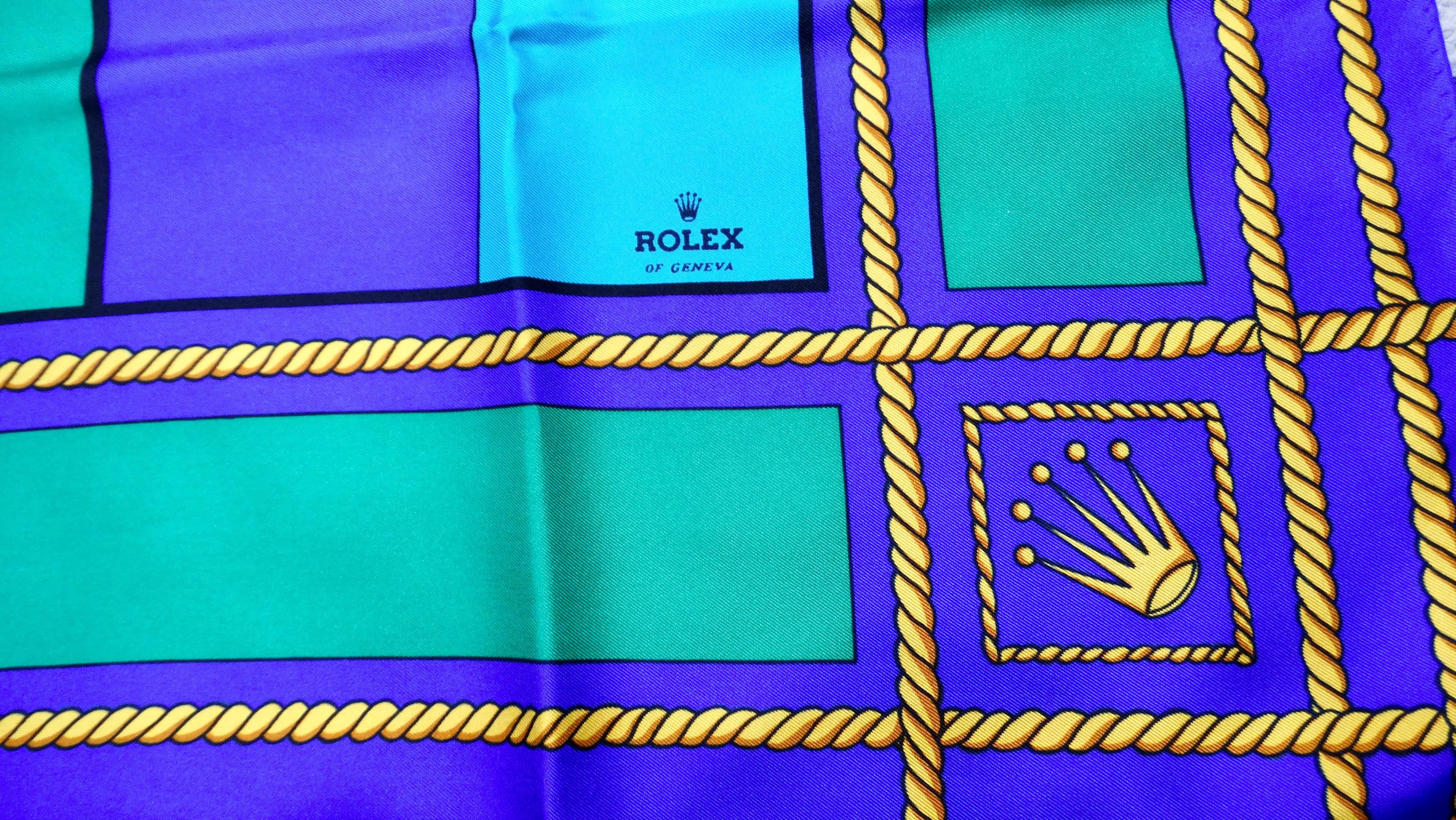 Purple Rolex Vintage 1980s Blue & Green Silk Wave Print Scarf For Sale