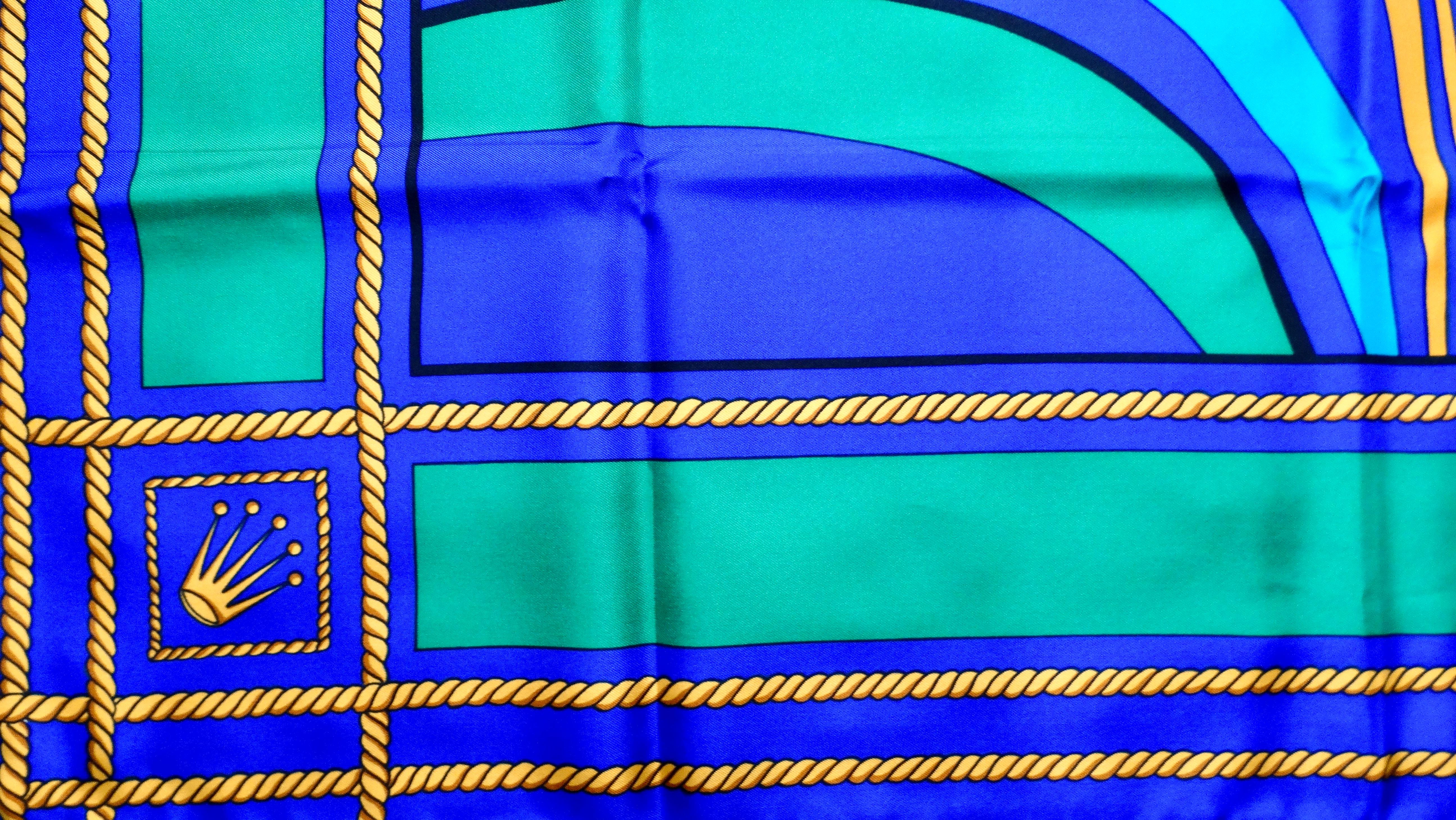 Rolex Vintage 1980s Blue & Green Silk Wave Print Scarf In Good Condition For Sale In Scottsdale, AZ