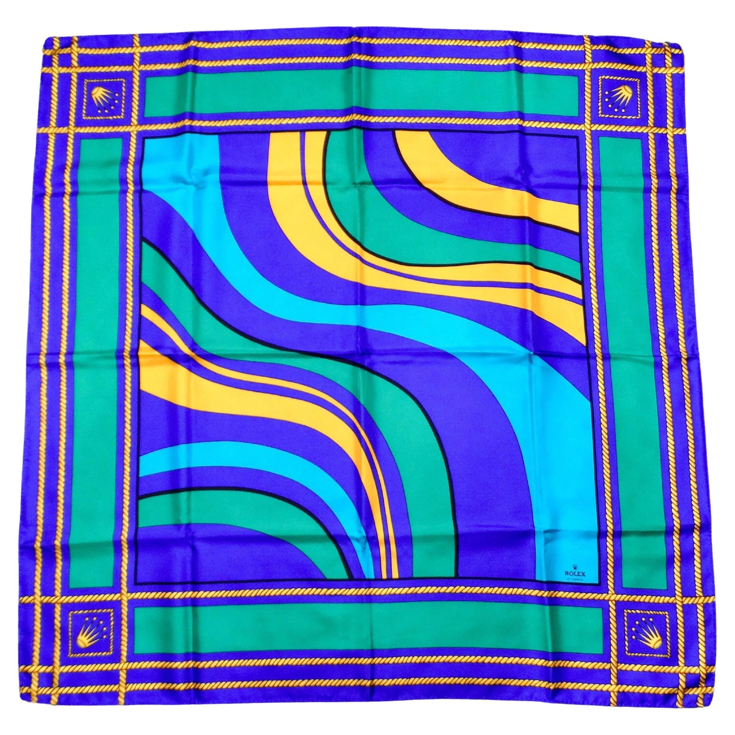 Rolex Vintage 1980s Blue & Green Silk Wave Print Scarf For Sale