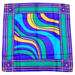 Rolex Vintage 1980s Blue & Green Silk Wave Print Scarf