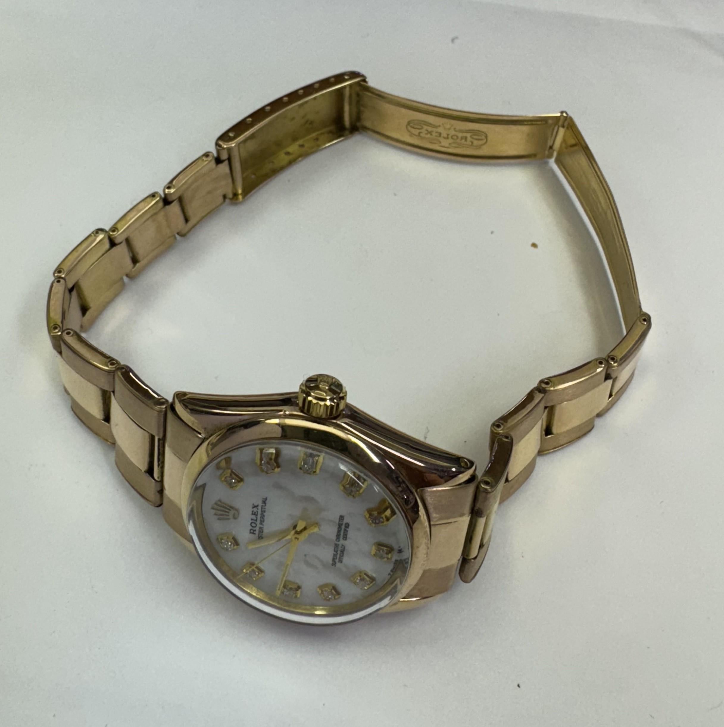 Taille rose Rolex Vintage 28mm or jaune-rosé 18k diamants avec bracelet Oyster Perpetual  1970's en vente