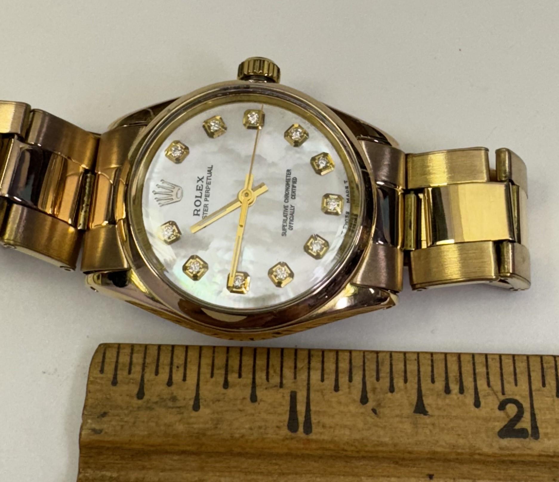 Rolex Vintage 28mm or jaune-rosé 18k diamants avec bracelet Oyster Perpetual  1970's Unisexe en vente