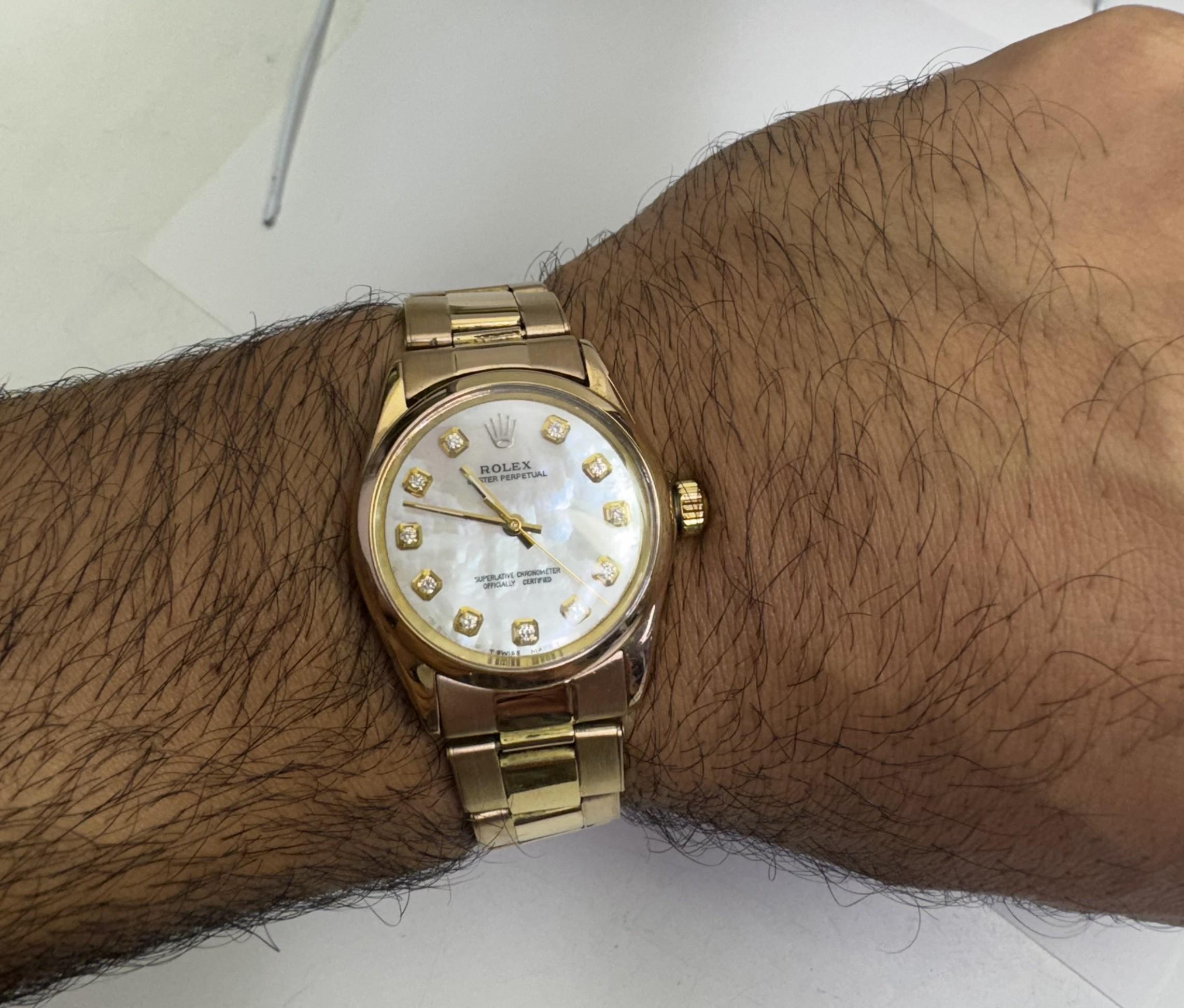 Rolex Vintage 28mm or jaune-rosé 18k diamants avec bracelet Oyster Perpetual  1970's en vente 1