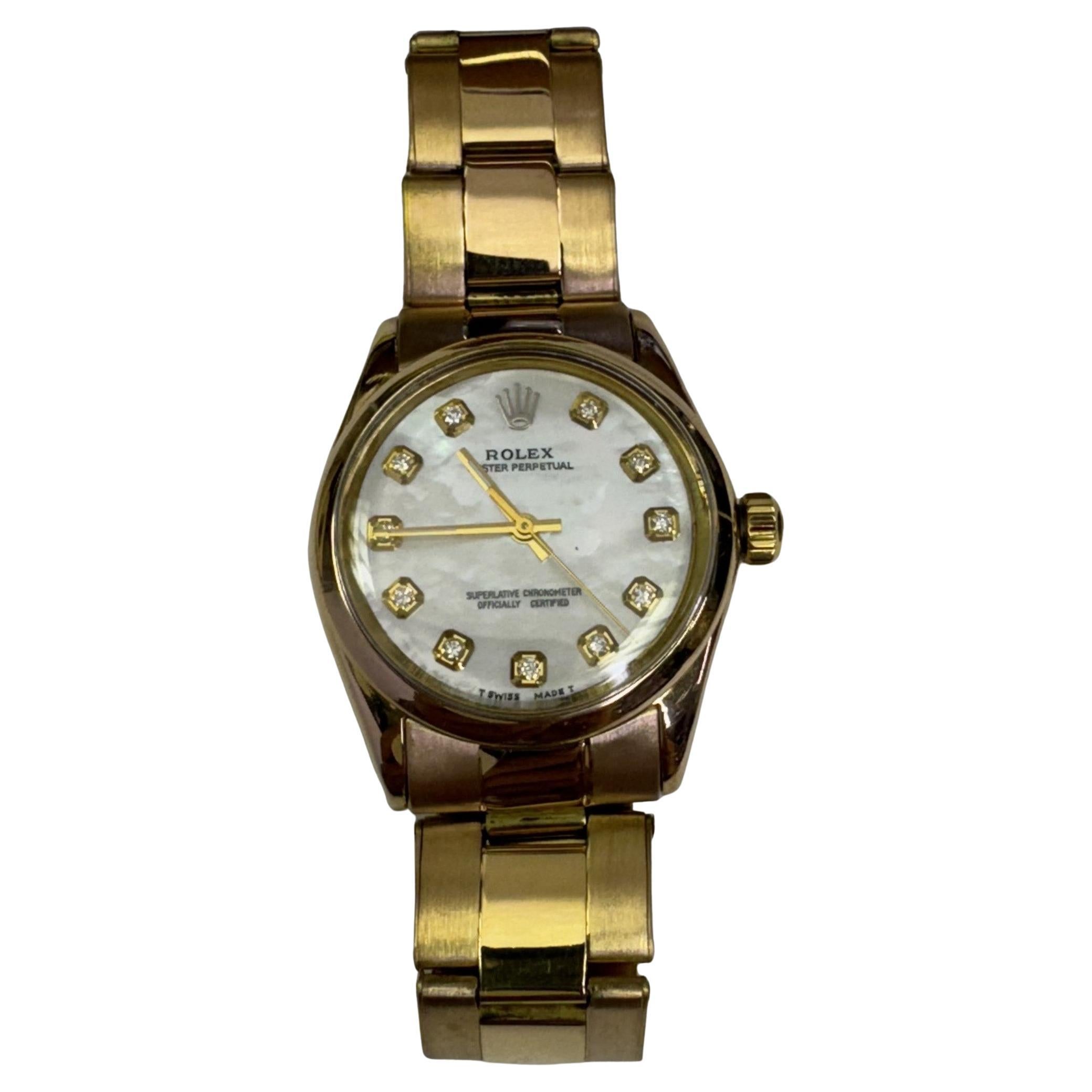 Rolex Vintage 28mm or jaune-rosé 18k diamants avec bracelet Oyster Perpetual  1970's en vente