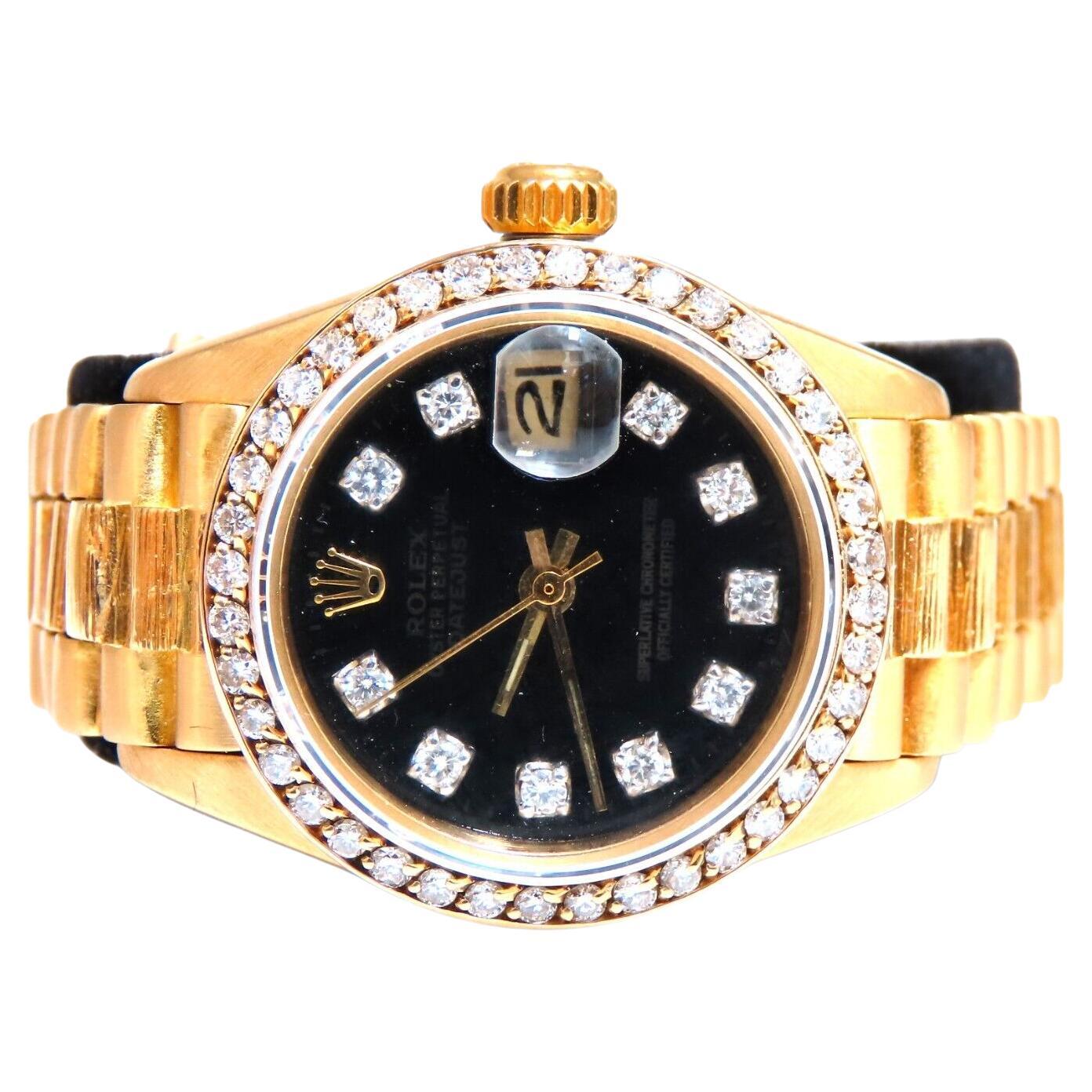 Rolex Vintage Black Face Datejust Ladies 18 Karat Watch Diamond Dial Superlative For Sale