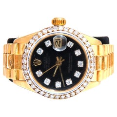 Rolex Vintage Black Face Datejust Ladies 18 Karat Watch Diamond Dial Superlative