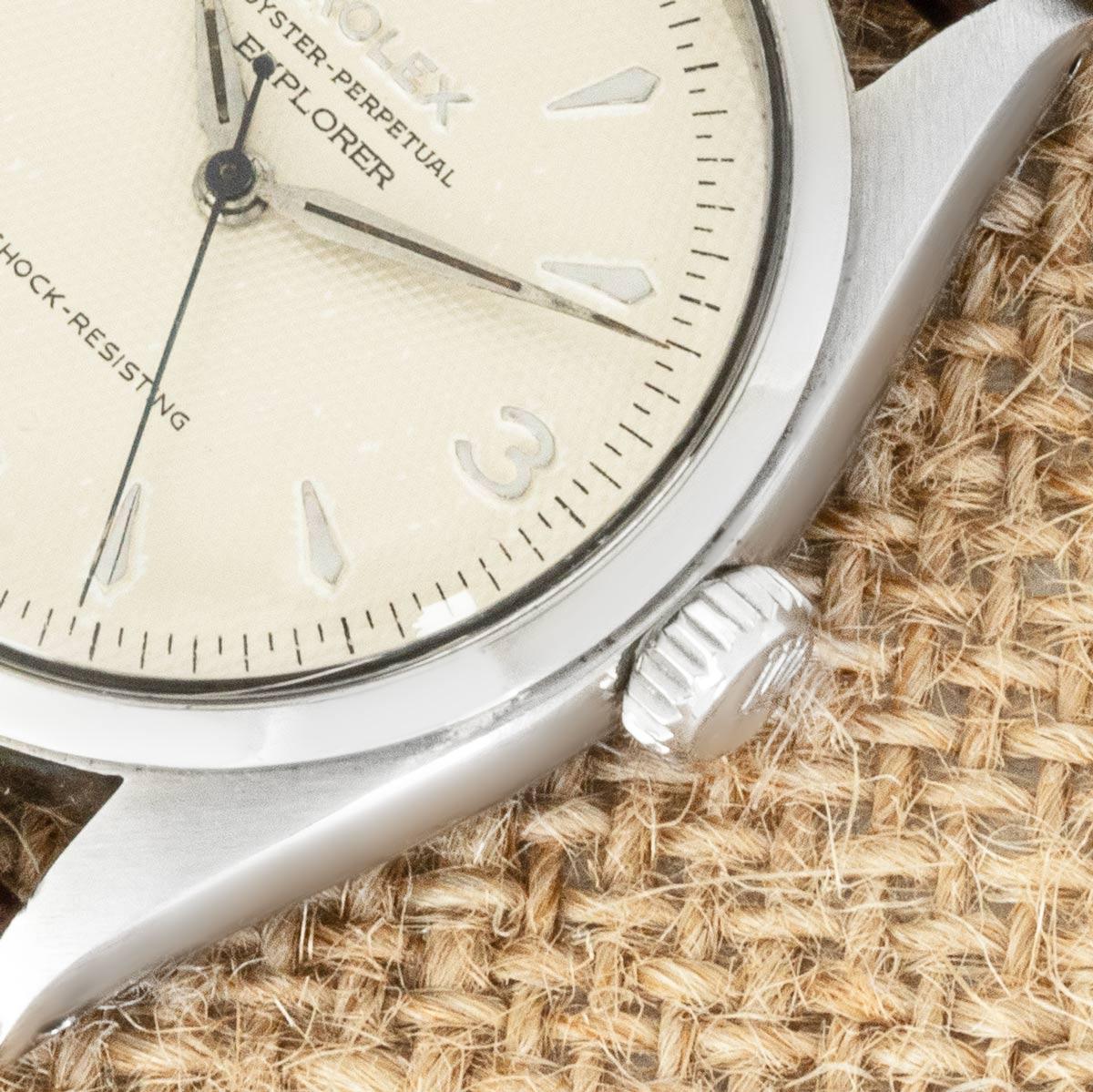A vintage 36mm stainless steel Rolex Explorer. Features a silver 