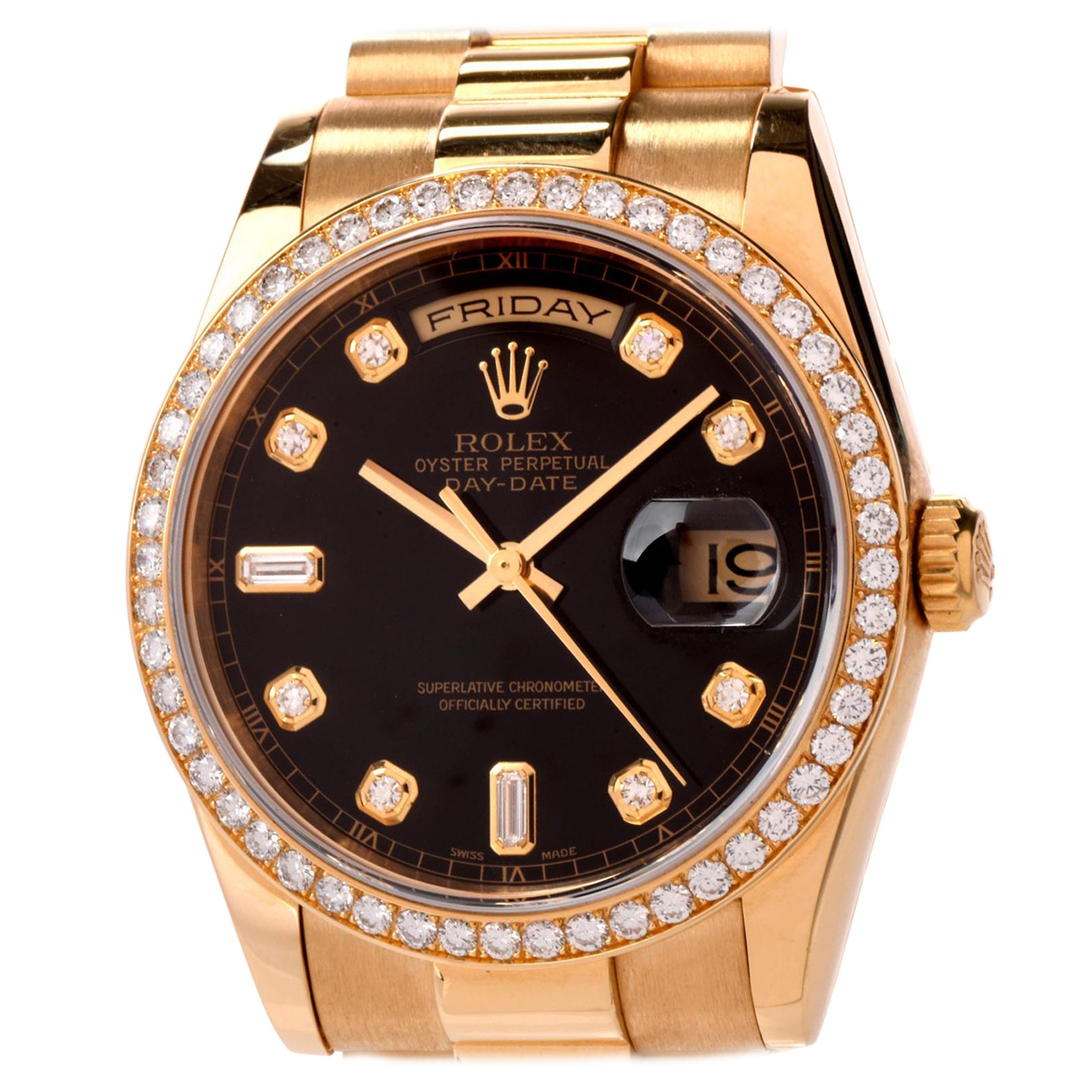 This Exquisite  36mm Collectible Gentlemen's Rolex is cast in 18K yellow gold and remains in Pristine Condition. 

Reference number 118348.

 Features ALL ORIGINAL Scratch resistant mineral crystal, black enamel diamond

dial, gold markers, day and
