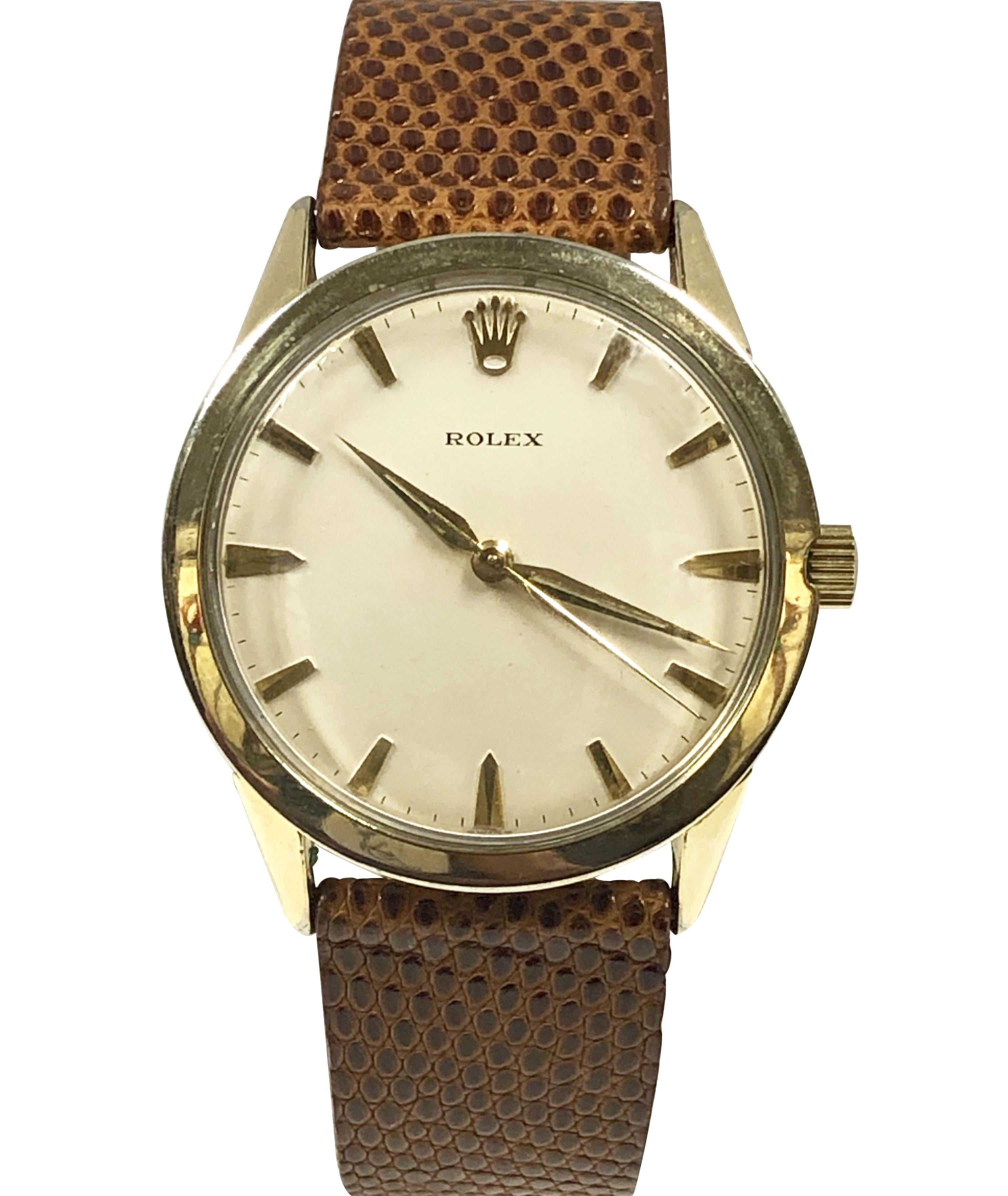 Circa 1960er Rolex, 35 M.M. 2 Stück 14K Gold gefüllt Rolex Gehäuse, 8 M.M. dick, Kaliber 1530, 17 Jewel Automatik, Selbstaufzug Bewegung, Original Excellent Mint Silver Satin Zifferblatt mit erhabenen Gold Markierungen, Gold Zeiger ein Sweep