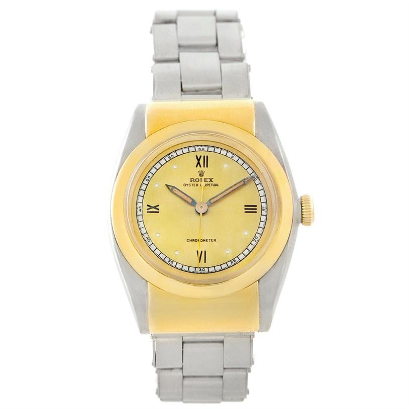 Rolex Vintage Hooded Bubbleback Steel Gold Watch 3065. Officially certified chronometer automatic self-winding movement. Stainless steel oyster case 32.0 mm in diameter. 18K yellow gold hooded lugs. 'Rolex Oyster' on 18K yellow gold crown. 18K