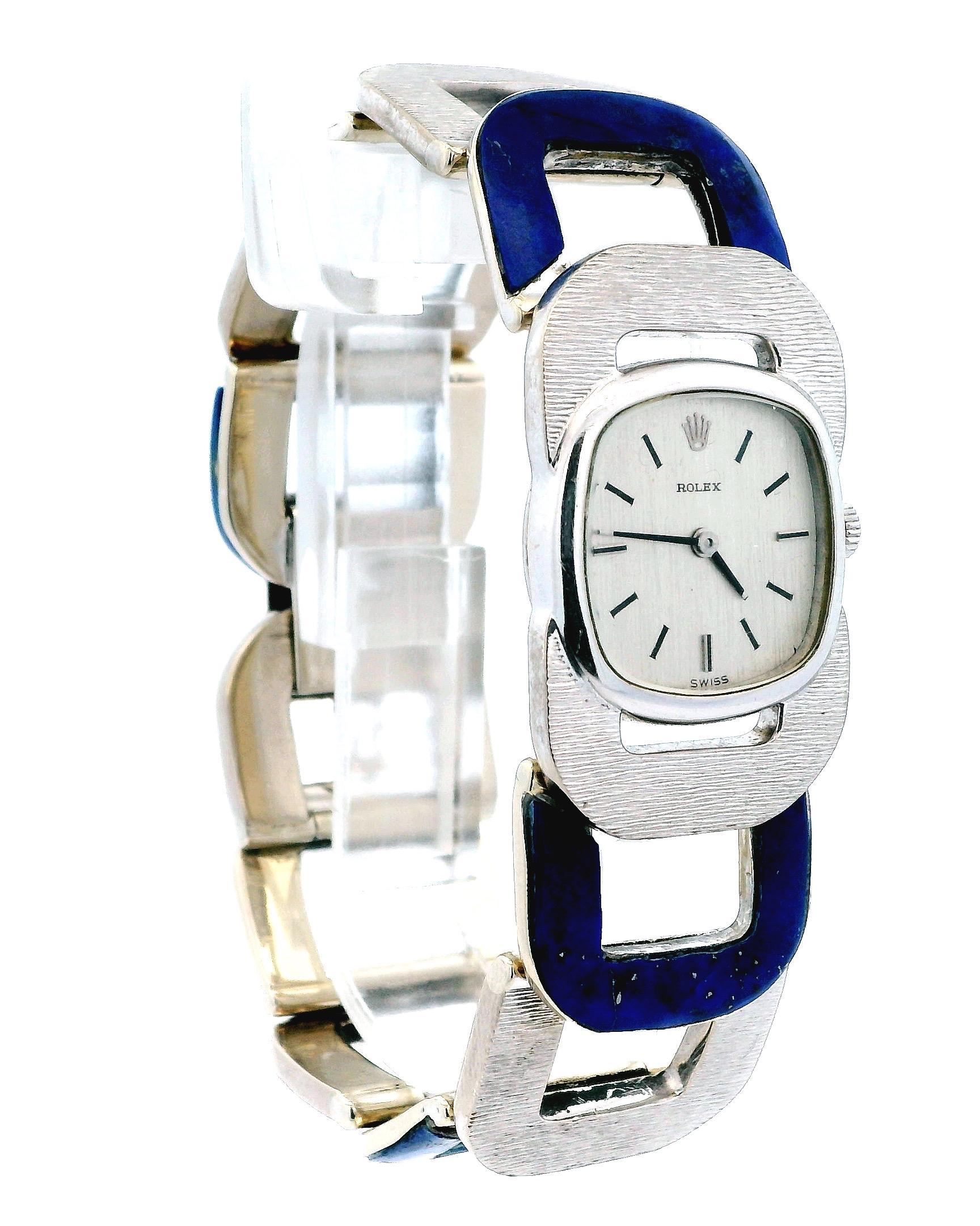 Modern Vintage Rolex Lapis & White Gold U-Link Shape Custom Bracelet  Watch For Sale