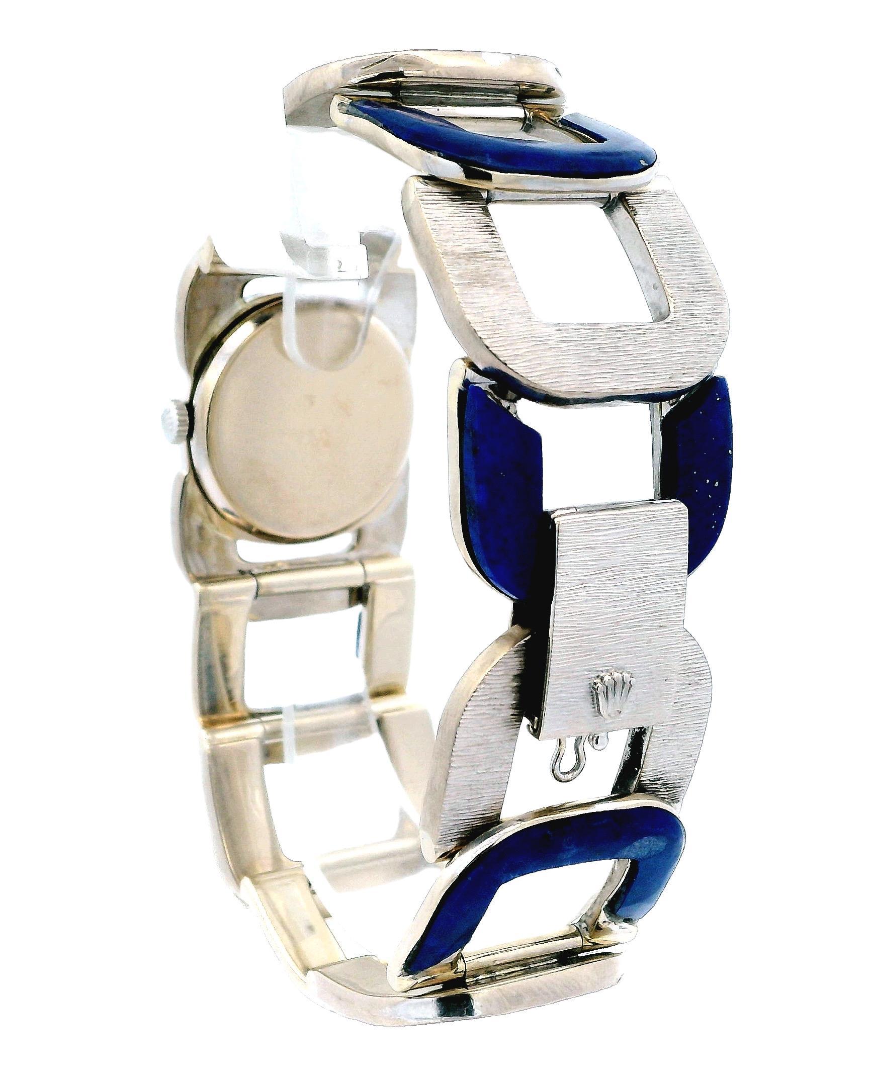 Vintage Rolex Lapis & White Gold U-Link Shape Custom Bracelet  Watch In Good Condition For Sale In Great Neck Plaza, NY