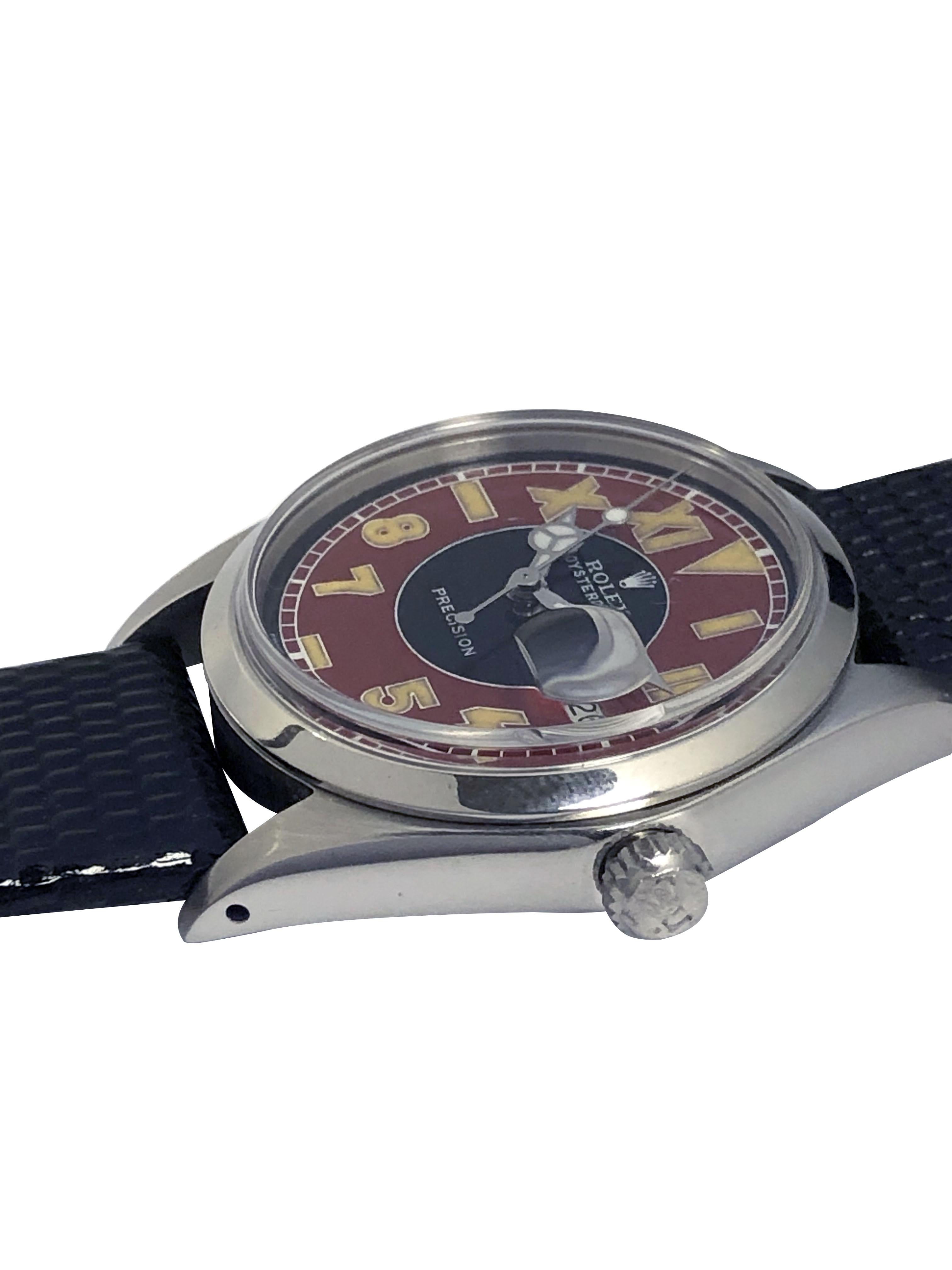 Circa 1967 Rolex Oyster Date Reference 6694 Montre-bracelet, 34 M.M. Boîtier Oyster 2 pièces en acier inoxydable. Calibre 1225 17 Jewell à remontage manuel, mouvement à levier en nickel. Cadran de style bourgogne et noir avec repères lumineux,