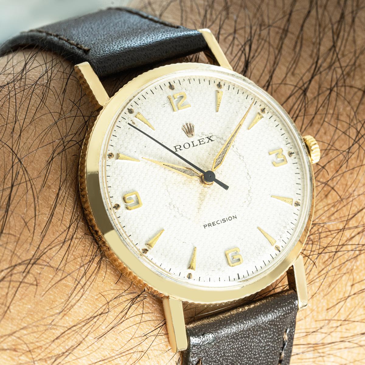 Rolex Vintage Precision 9ct Coin Edged Honeycomb Dial en venta 4