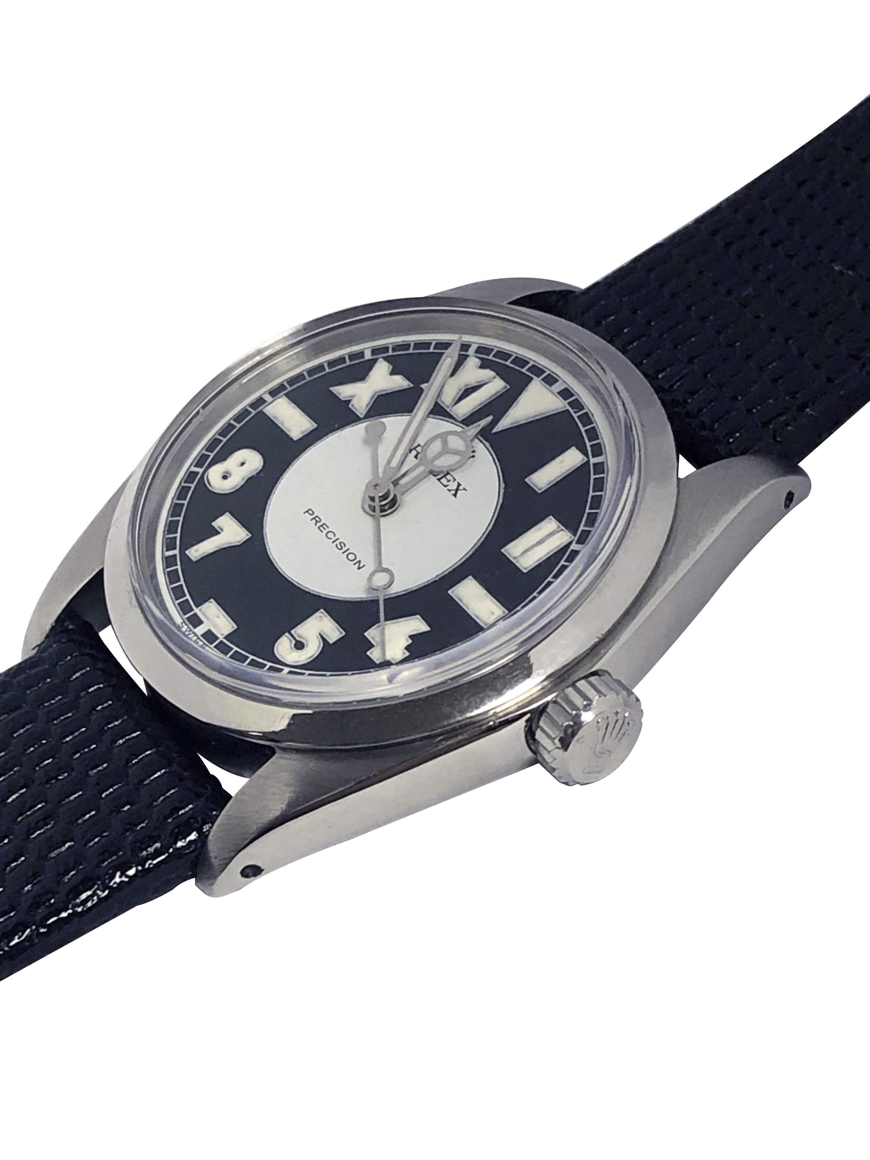 Circa 1953 Rolex Reference 6420 Montre-bracelet, 43 M&M acier inoxydable boîtier Oyster 2 pièces. Calibre 1215, 17 rubis, mouvement à remontage manuel, cadran noir et blanc de style 