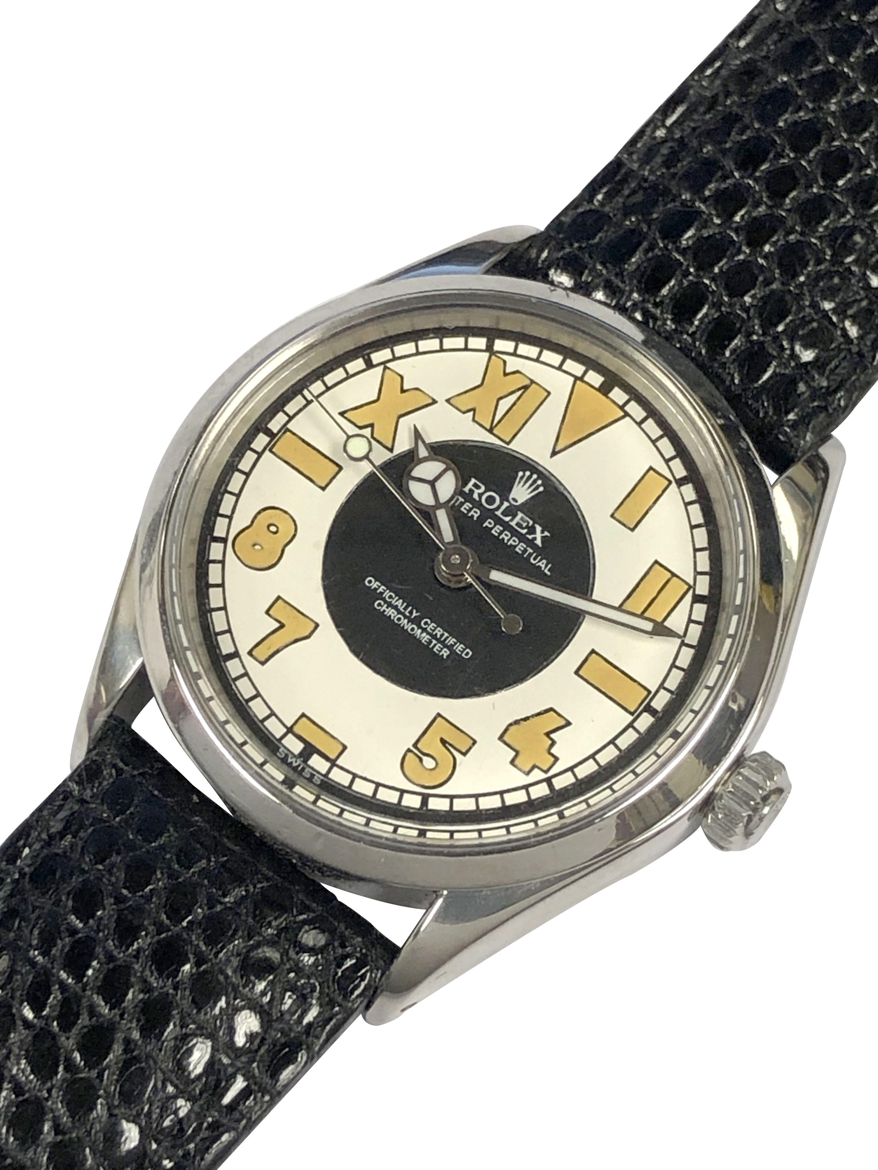 Circa 1977 Rolex Reference 5500,  34 M.M.  3 Piece Stainless Steel Oyster Case with smooth bezel. Caliber 1530 Automatic, self winding movement. Custom two tone White and Black 
