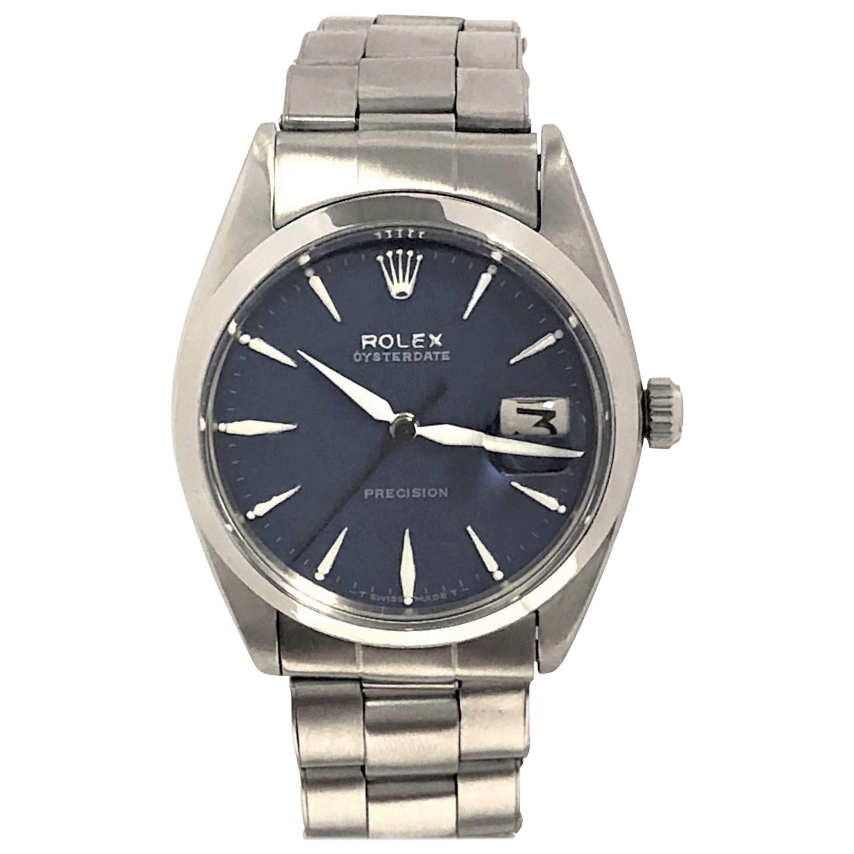 Rolex Vintage Steel Oyster Date Mechanical Custom Blue Dial Wristwatch