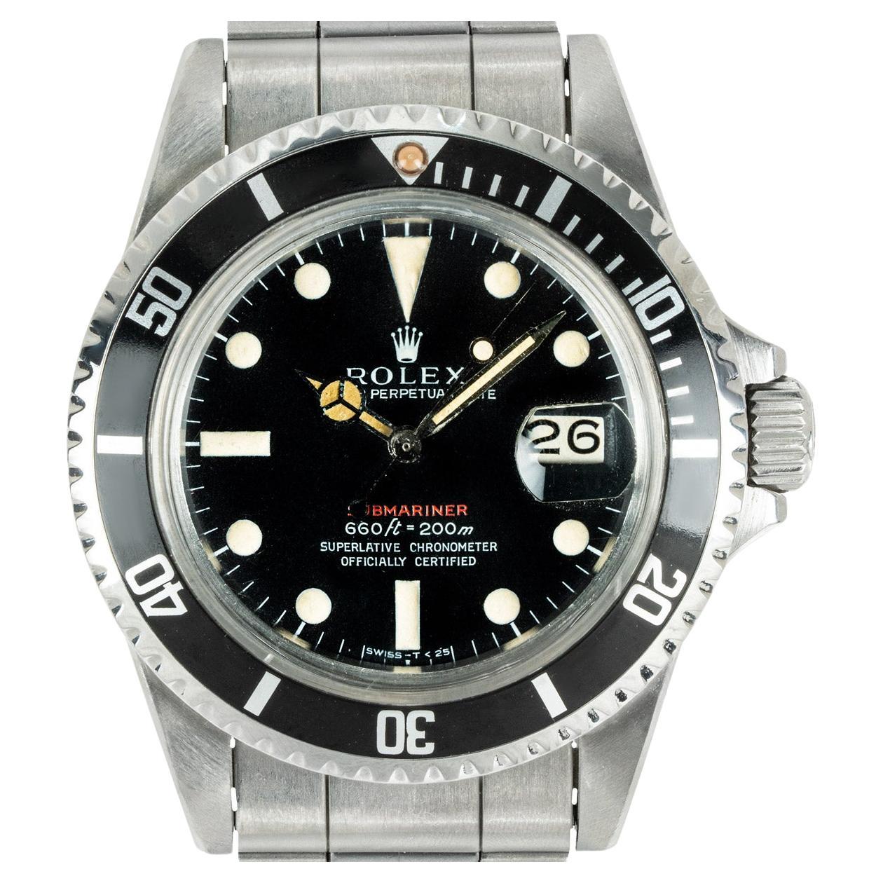 A vintage 40mm Rolex Submariner in stainless steel. Featuring a distinctive mark IV black dial with open sixes, and a stainless steel bi-directional rotating bezel. Fitted with a plastic glass and a self-winding automatic movement. The watch is