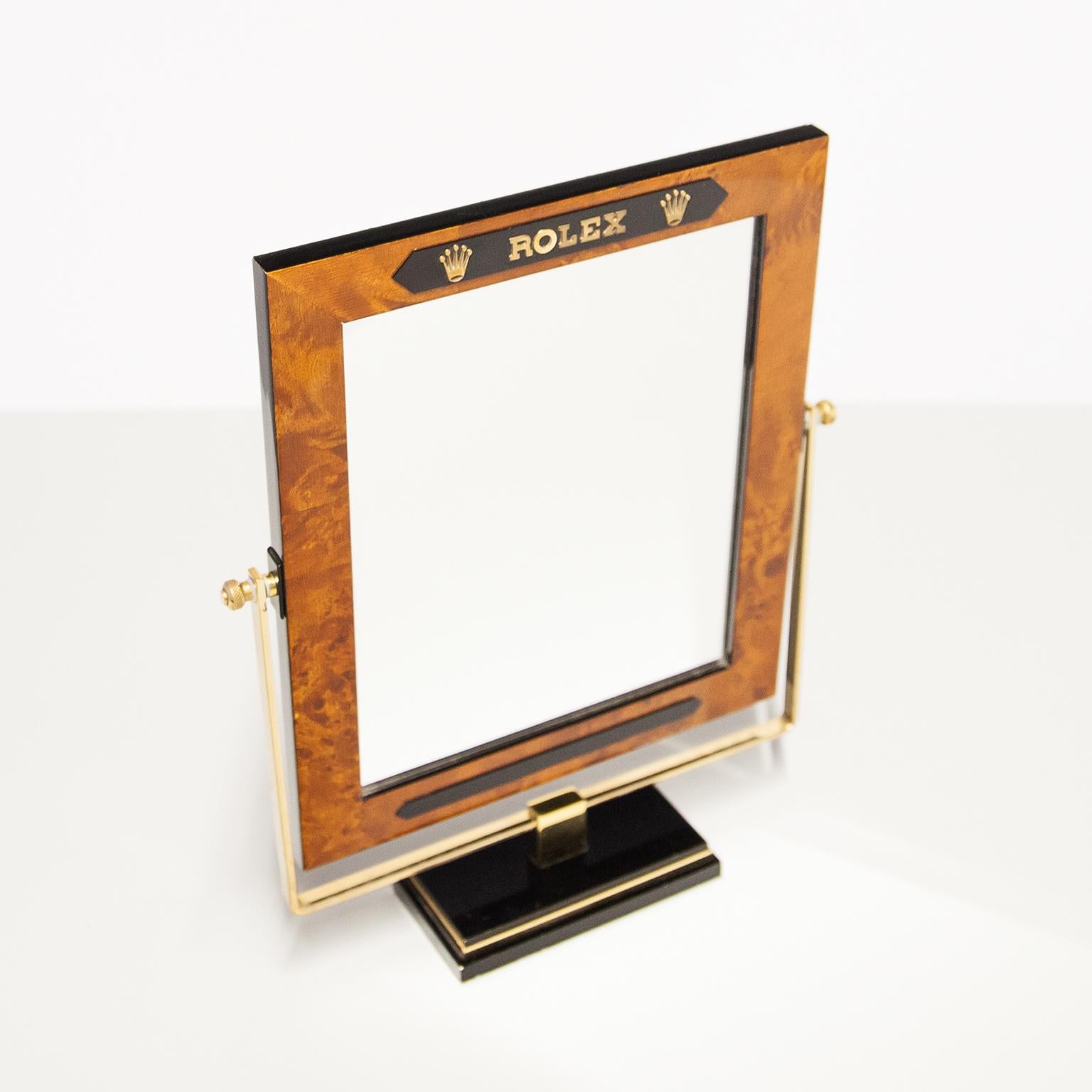 Mid-Century Modern Rolex Vintage Table Top Display Mirror Burl Wood 1970s For Sale