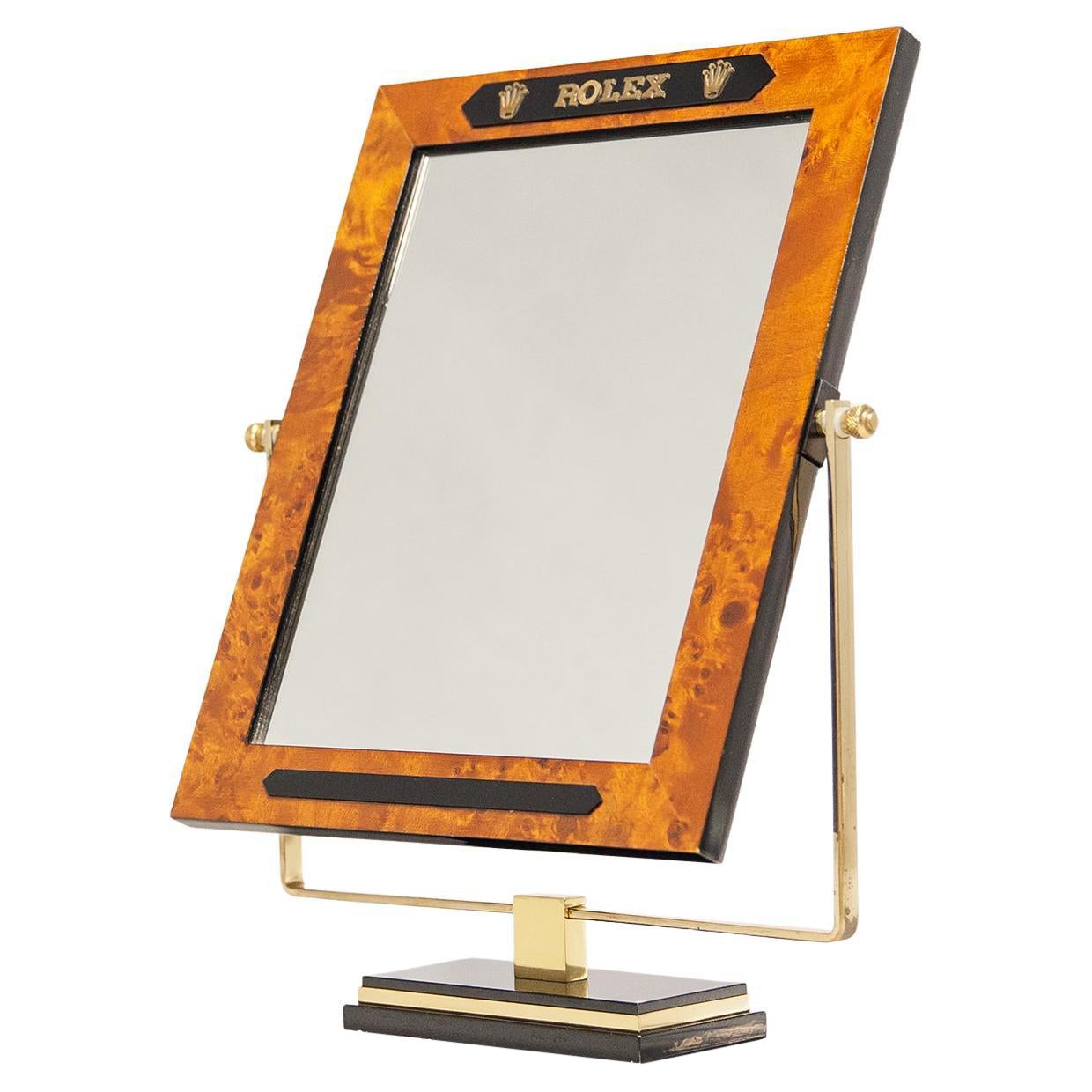 Rolex Vintage Table Top Display Mirror Burl Wood 1970s