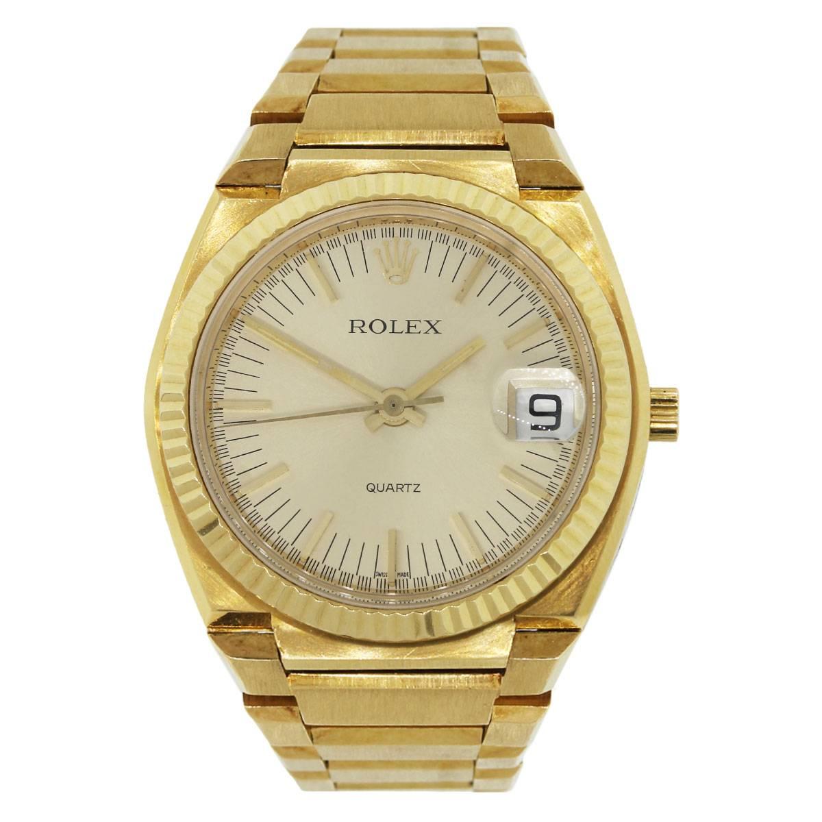 Brand: Rolex
MPN: 5100
Model: Texano
Case Material: 18k yellow gold
Case Diameter: 39mm
Crystal: Scratch resistant sapphire
Bezel: 18k yellow gold fluted bezel (factory)
Dial: Champagne stick dial with gold hour markers and hands, date window at the