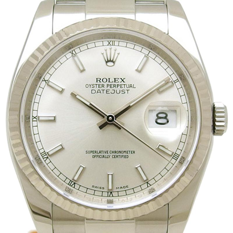This legendary Datejust watch from Rolex features a stunning 18k white gold and stainless steel body with a case diameter of 36mm. It comes fitted with a rounded white dial detailed with silver-tone hands and markers and a date window at the three