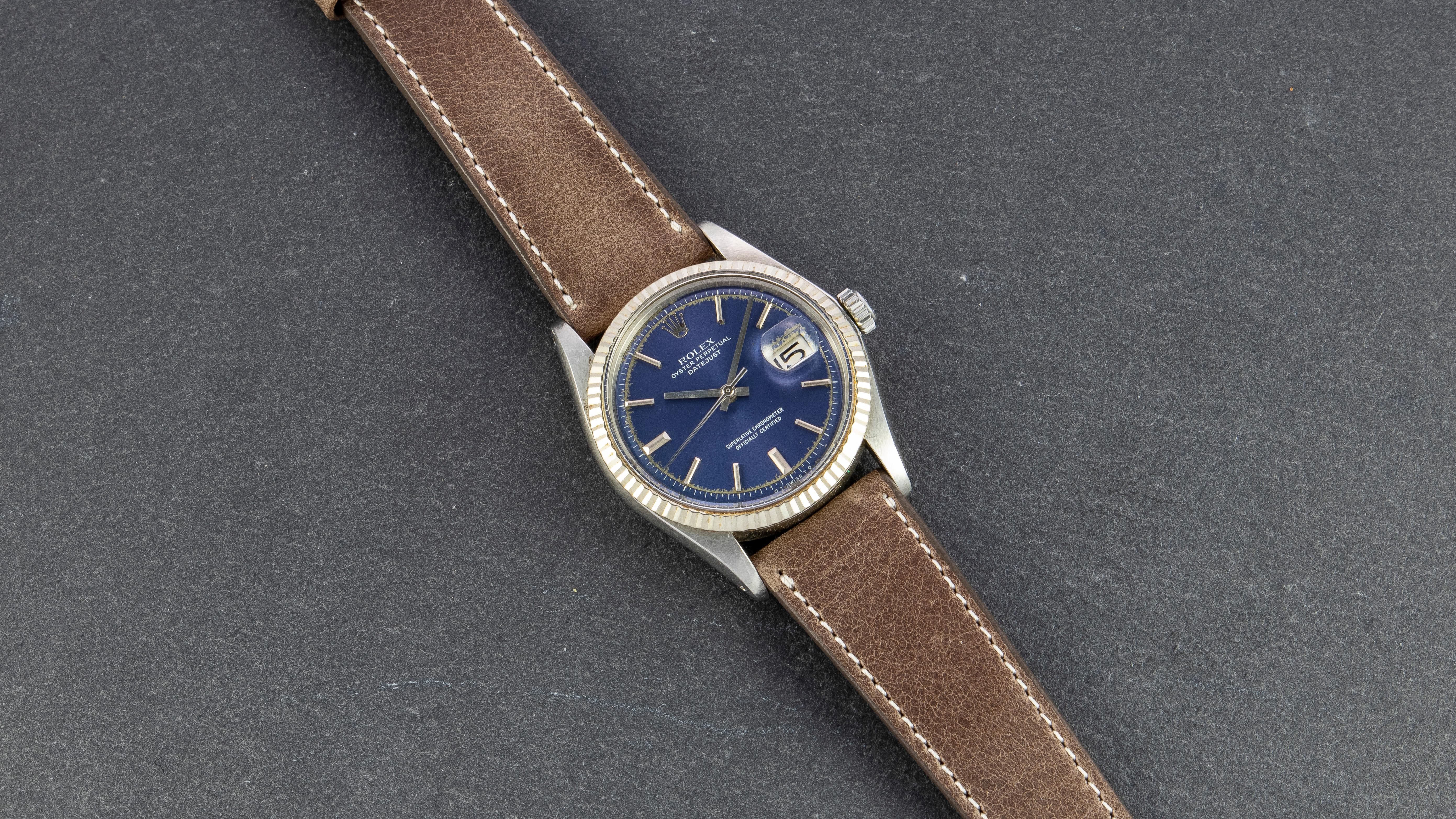 Rolex White Gold and Stainless Blue Sigma Dial Datejust Wristwatch In Good Condition In New York, NY