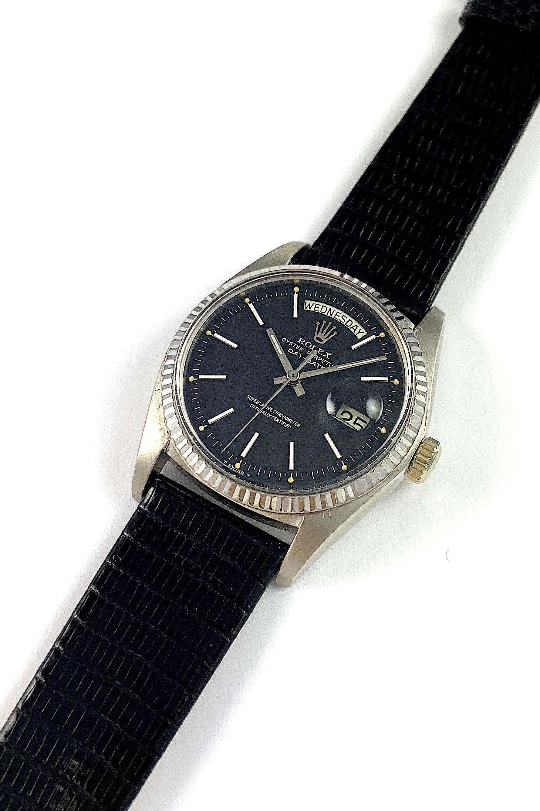 Rolex 18K White Gold Oyster Perpetual Day-Date Watch
Beautiful Rolex Factory Matte Confetti Dial with Stunning Luminous Plots
18K White Gold  Bezel
Rare Rolex 18K White Gold Model from the 1970s
18K White Gold Case
36mm in size 
Features Rolex