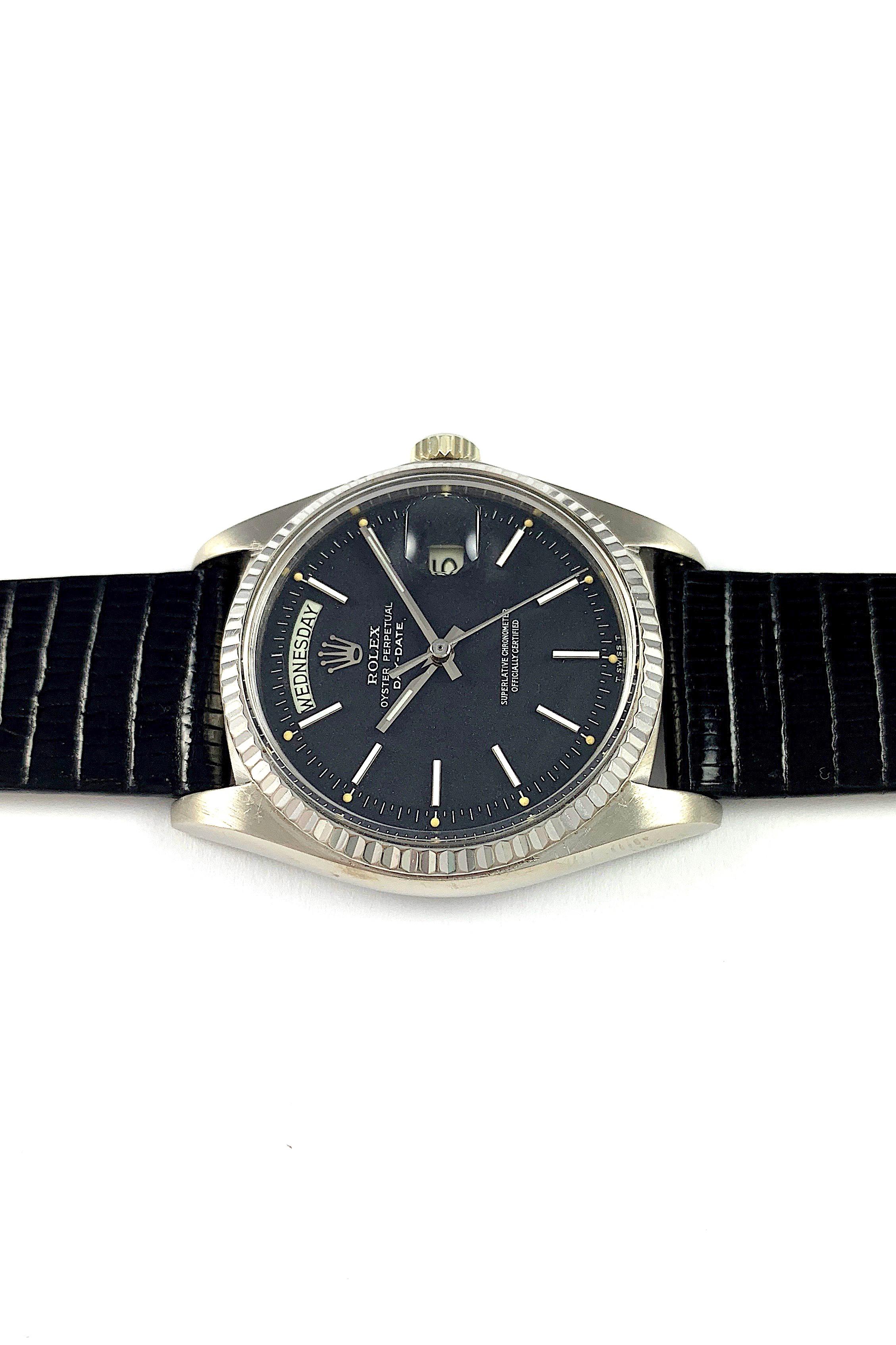 Rolex White Gold Black Confetti Dial Daydate Automatic Watch, with Papers In Good Condition In New York, NY